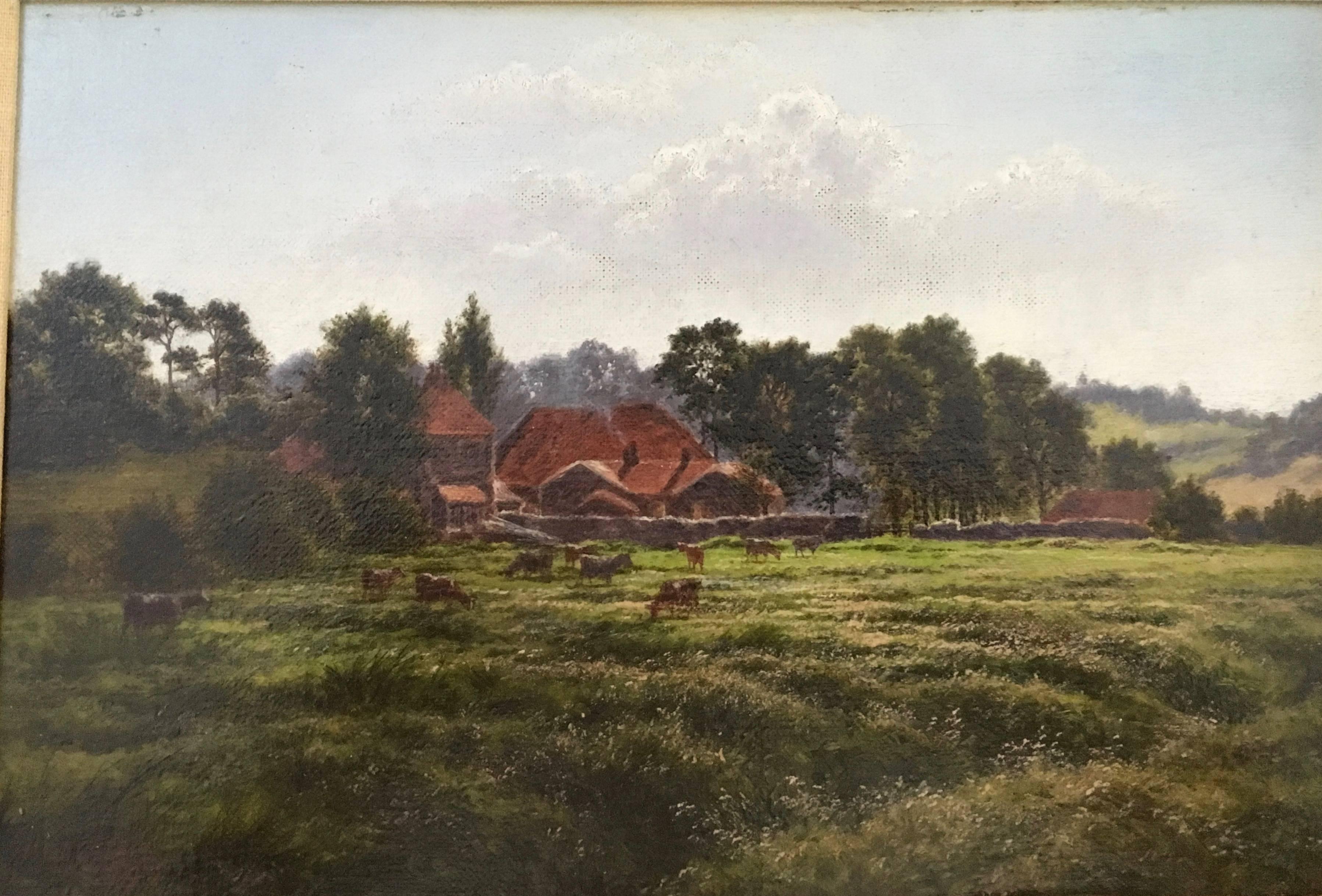 19th century English Victorian farm scene with landscape in Summertime - Painting by Horace Walter Gilbert