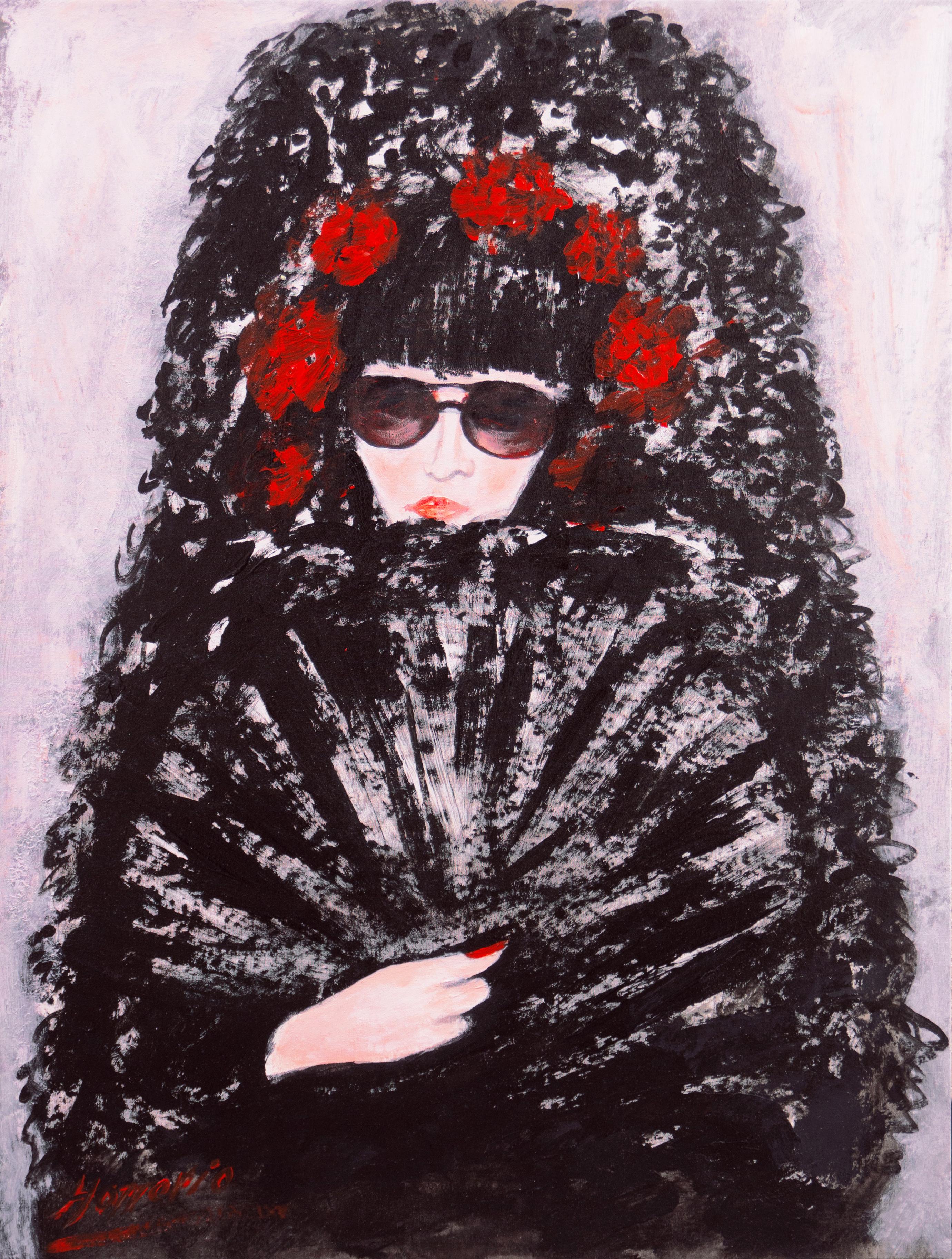 Horacio Figurative Painting - 'Young Spanish Lady in Formal Dress with a Fan', Flamenco, Senorita with Roses