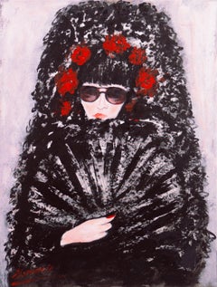« Jeune femme espagnole en robe formelle avec un éventail », Flamenco, Senorita avec roses 