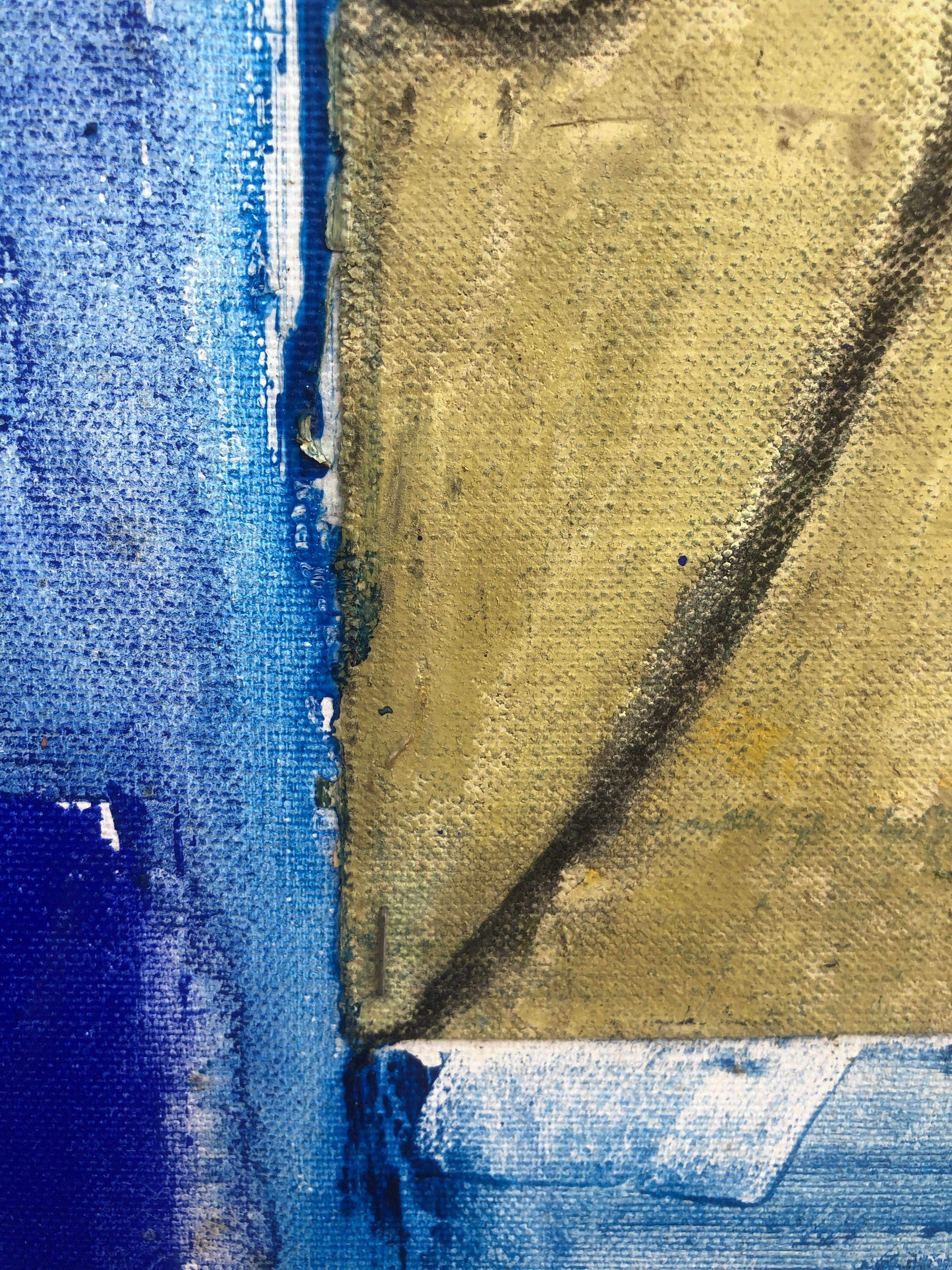 abstrait avec portrait, huile et collage sur toile - Bleu Portrait Painting par Horacio Sapere