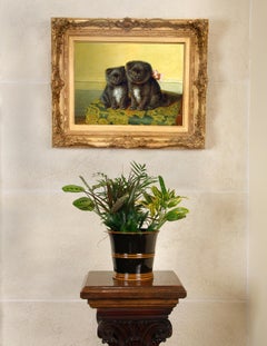 Early 20th Century Painting of Black Pomeranian Puppies
