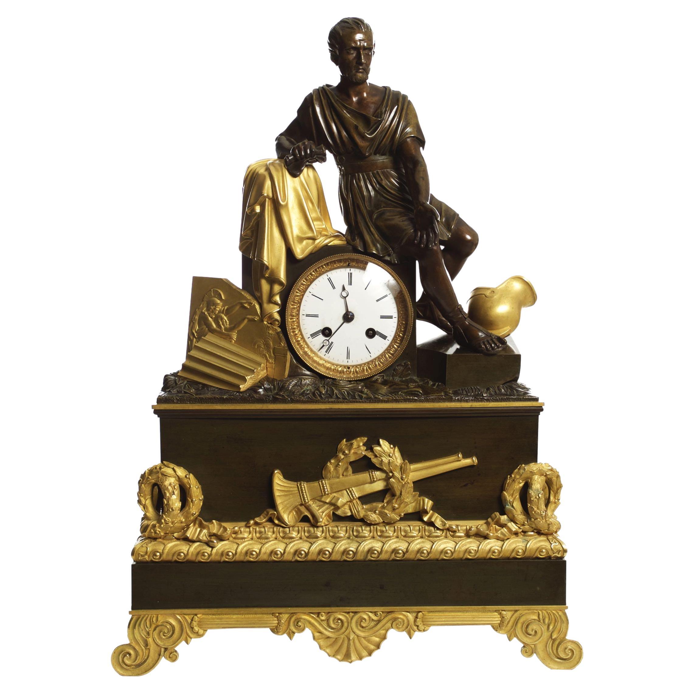 Horloge de cheminée en bronze ancien Horatius & the Fall of Rome de l'Empire français