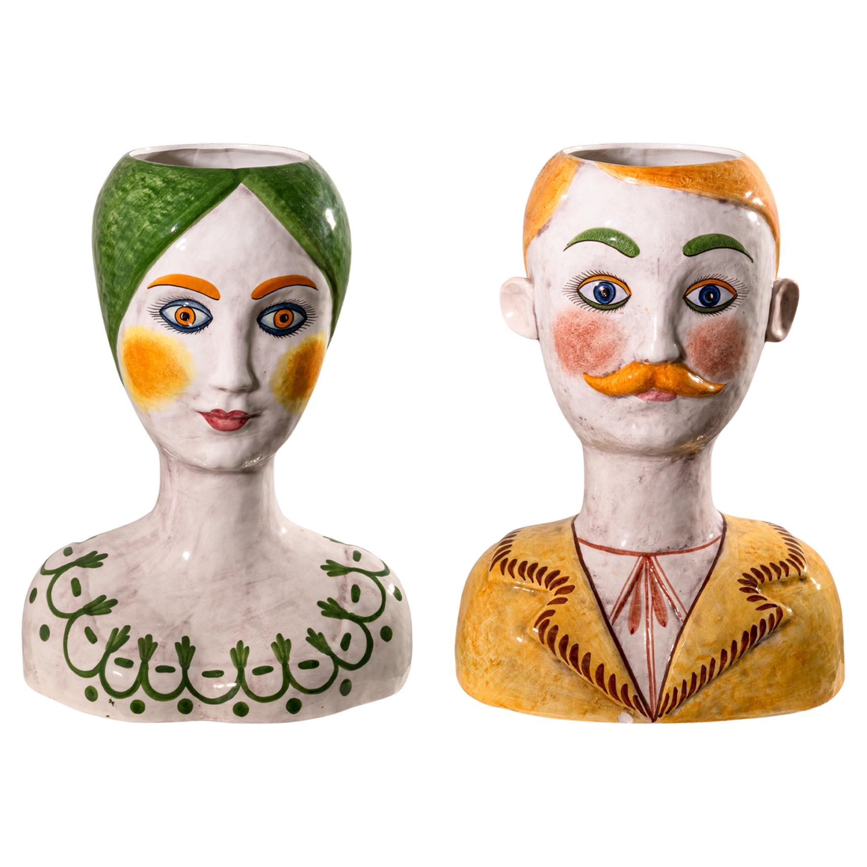 Horchow Collection Made in Italy Stamped Pair of Male & Female Painted Porcelain