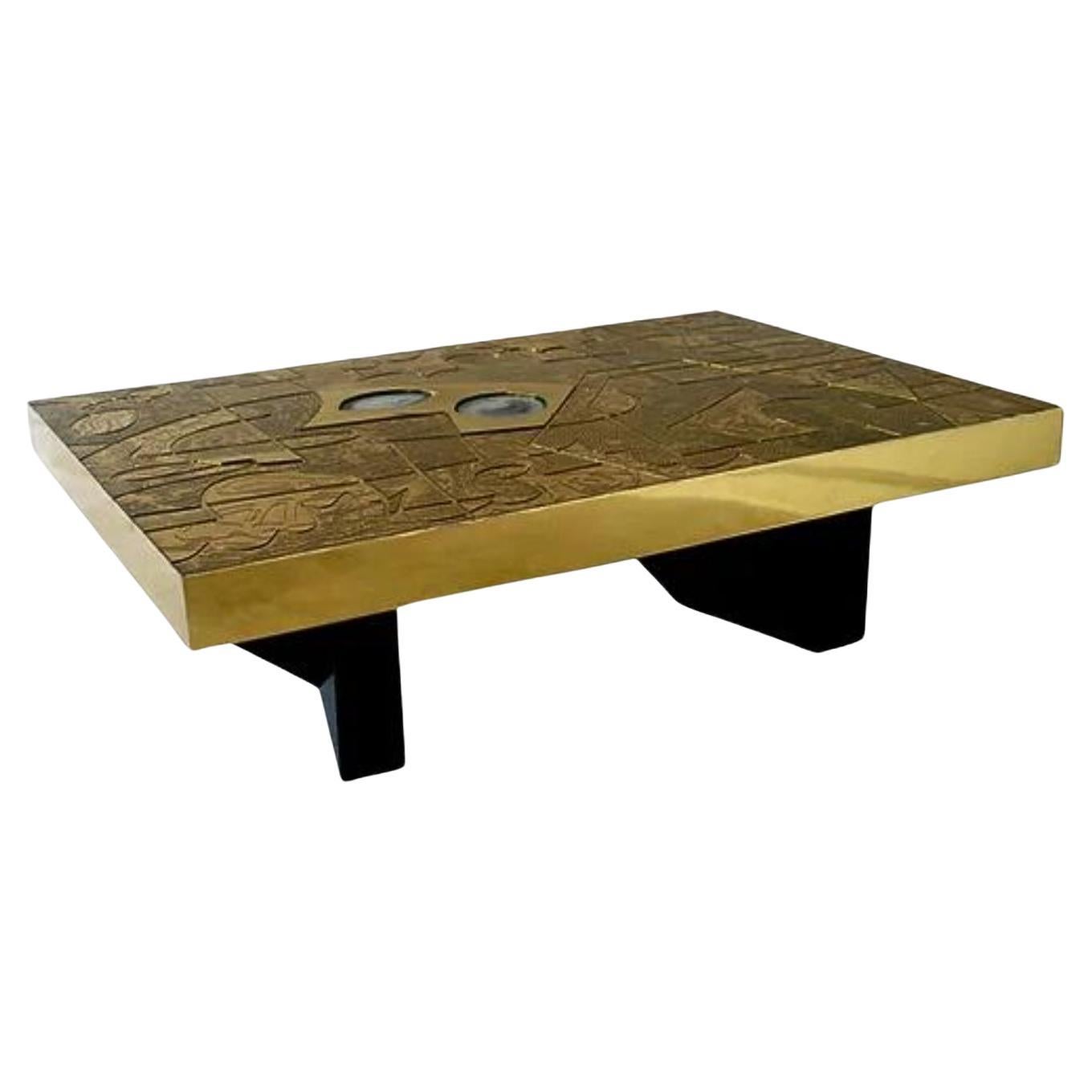 Horizon 2 Stone And Brass Coffee Table by Brutalist Be For Sale