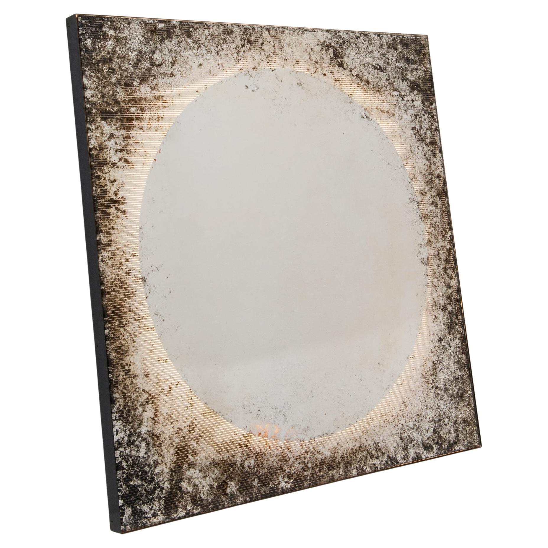 Horizon Antiqued Finely Etched Mirror, Back-Illuminated, Blackened Metal Frame For Sale