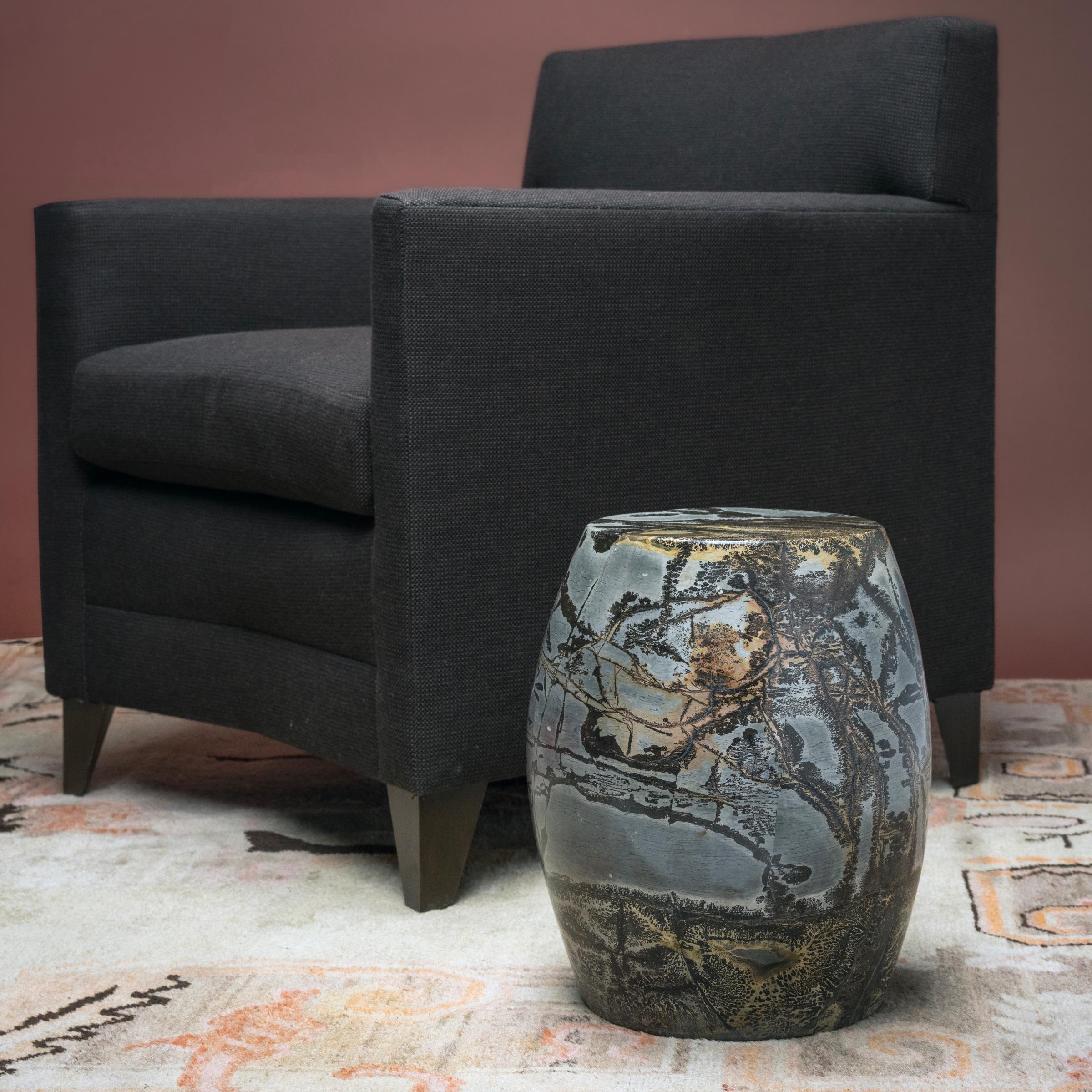 Polished Horizon Painting Stone Drum Table For Sale