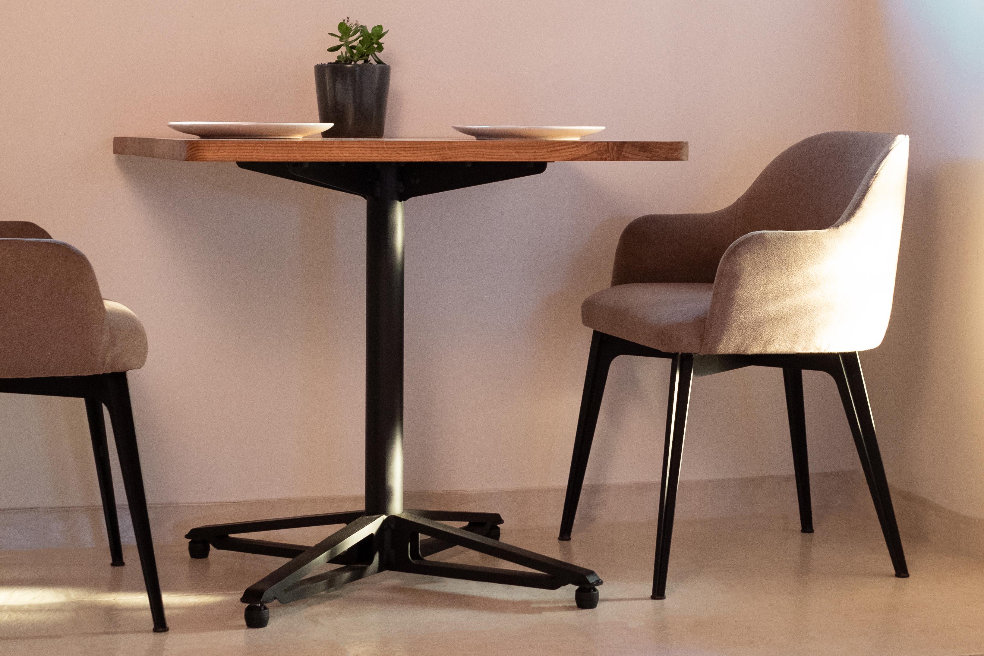 Horizon Table with wood table top and black mild steel base For Sale 3
