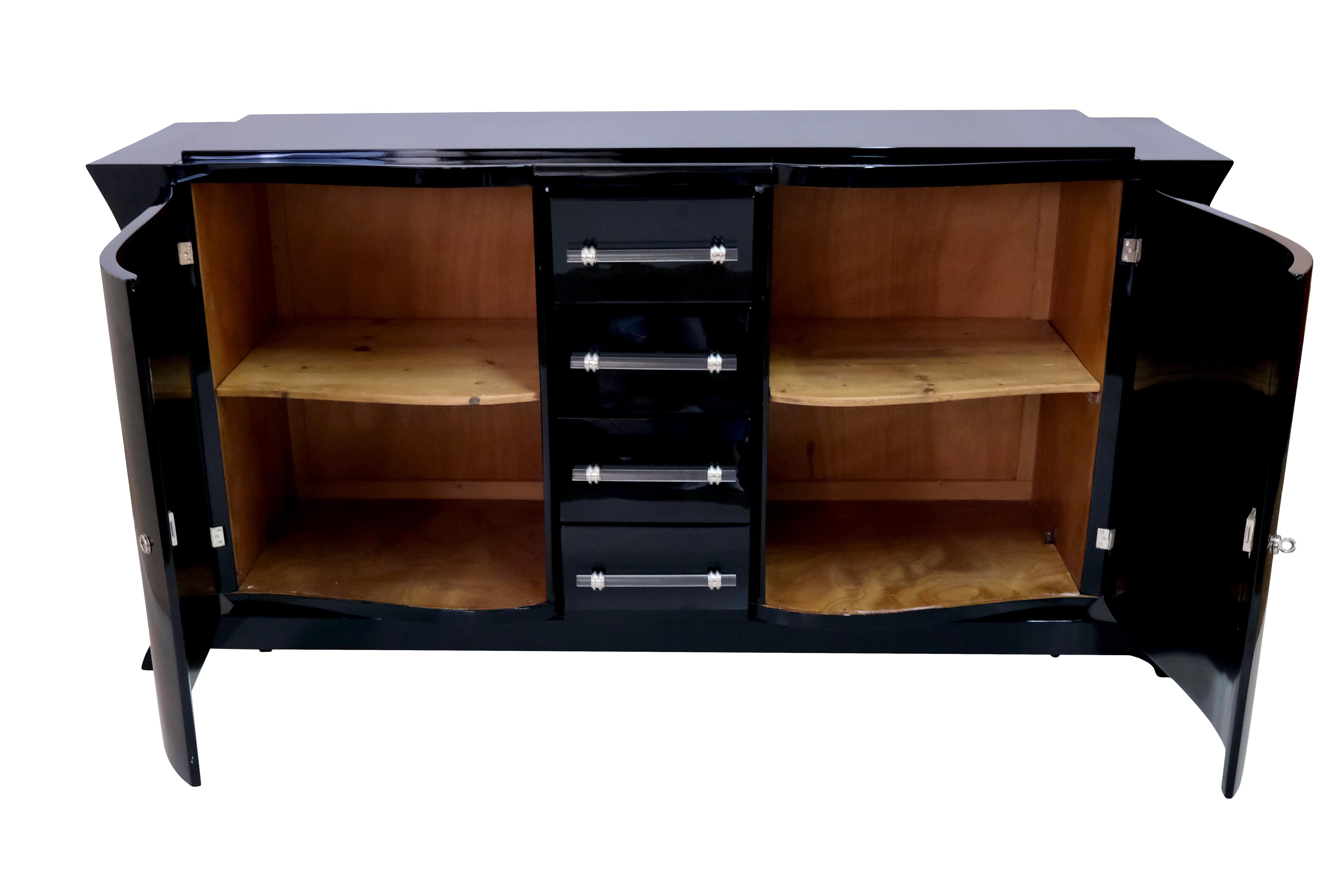 Francese Credenza Art Deco francese degli anni '30 a curvatura orizzontale e verticale in lacca nera in vendita