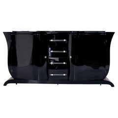 Vintage Horizontal and vertical curved French 1930s Art Deco Sideboard in Black Lacquer