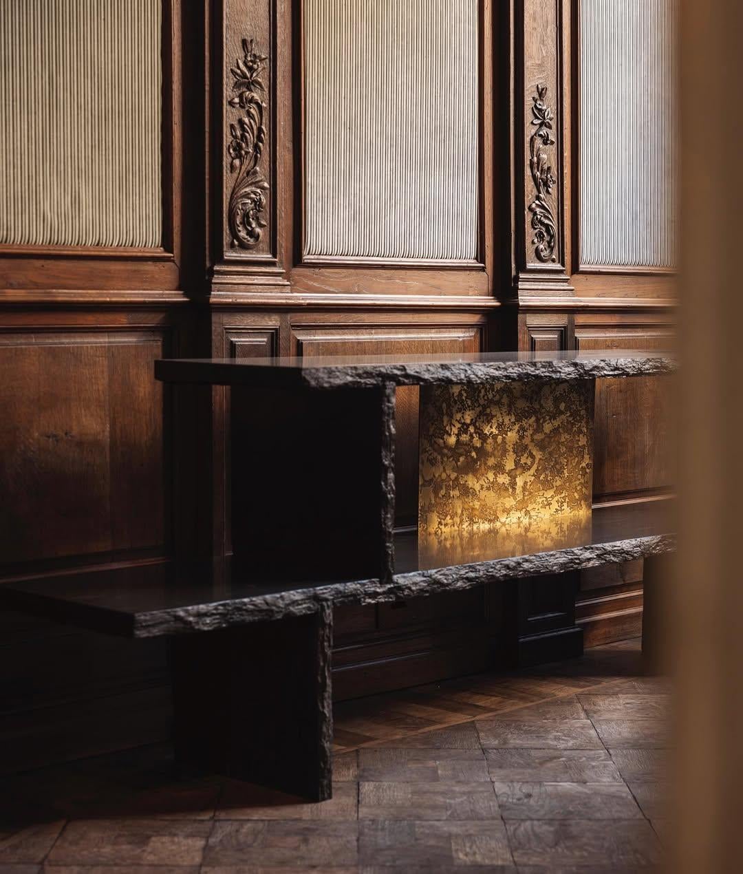 Horizontal Black Slate Console with Gold Brass Center Back by Frederic Saulou For Sale 8