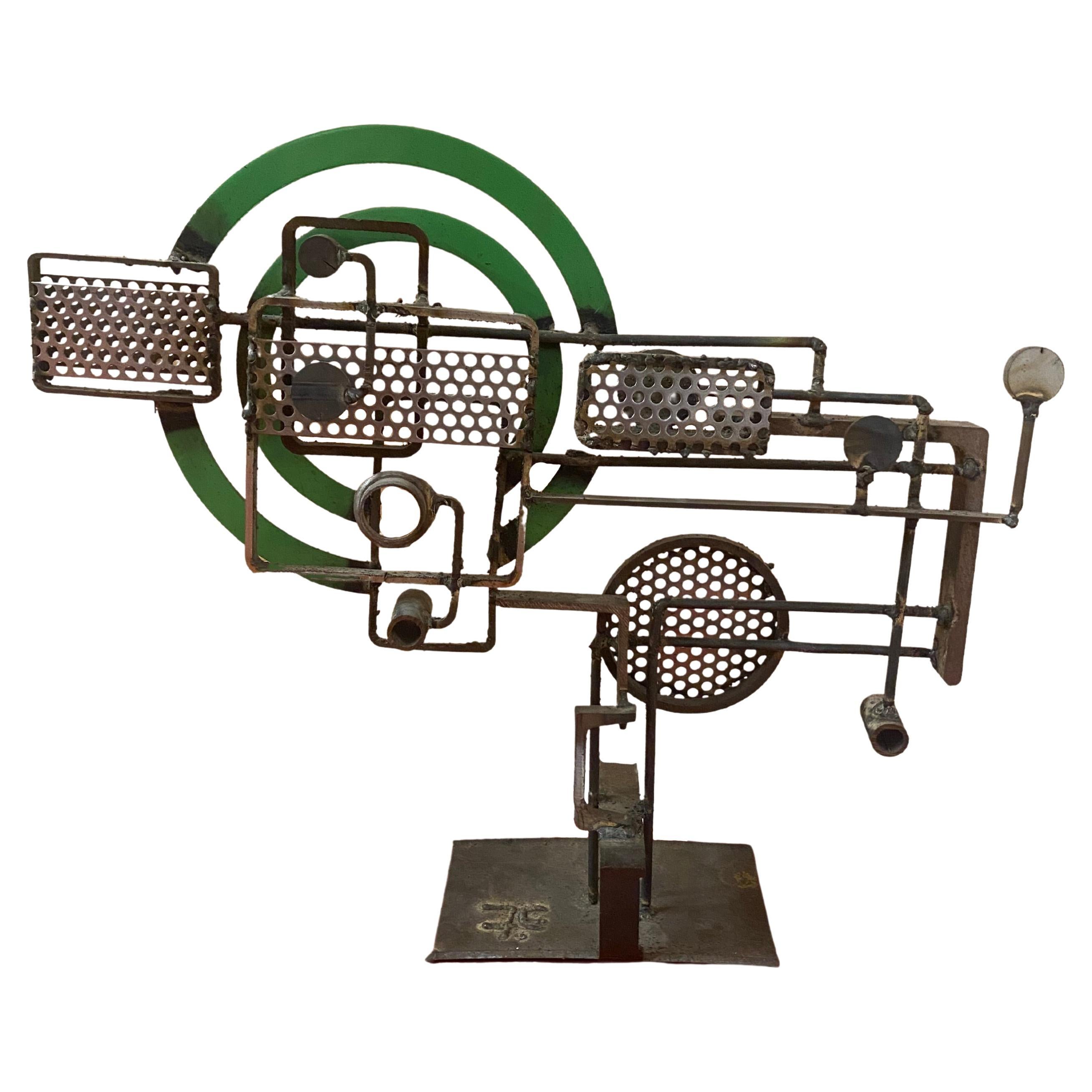 Horizontal Brutalist Green and Metal Abstract Sculpture by Frank Cota For Sale