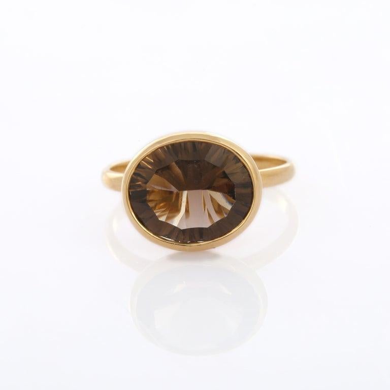 For Sale:  Horizontal Oval Cut Smokey Topaz 18K Yellow Gold Solitaire Ring Gift for Her 7