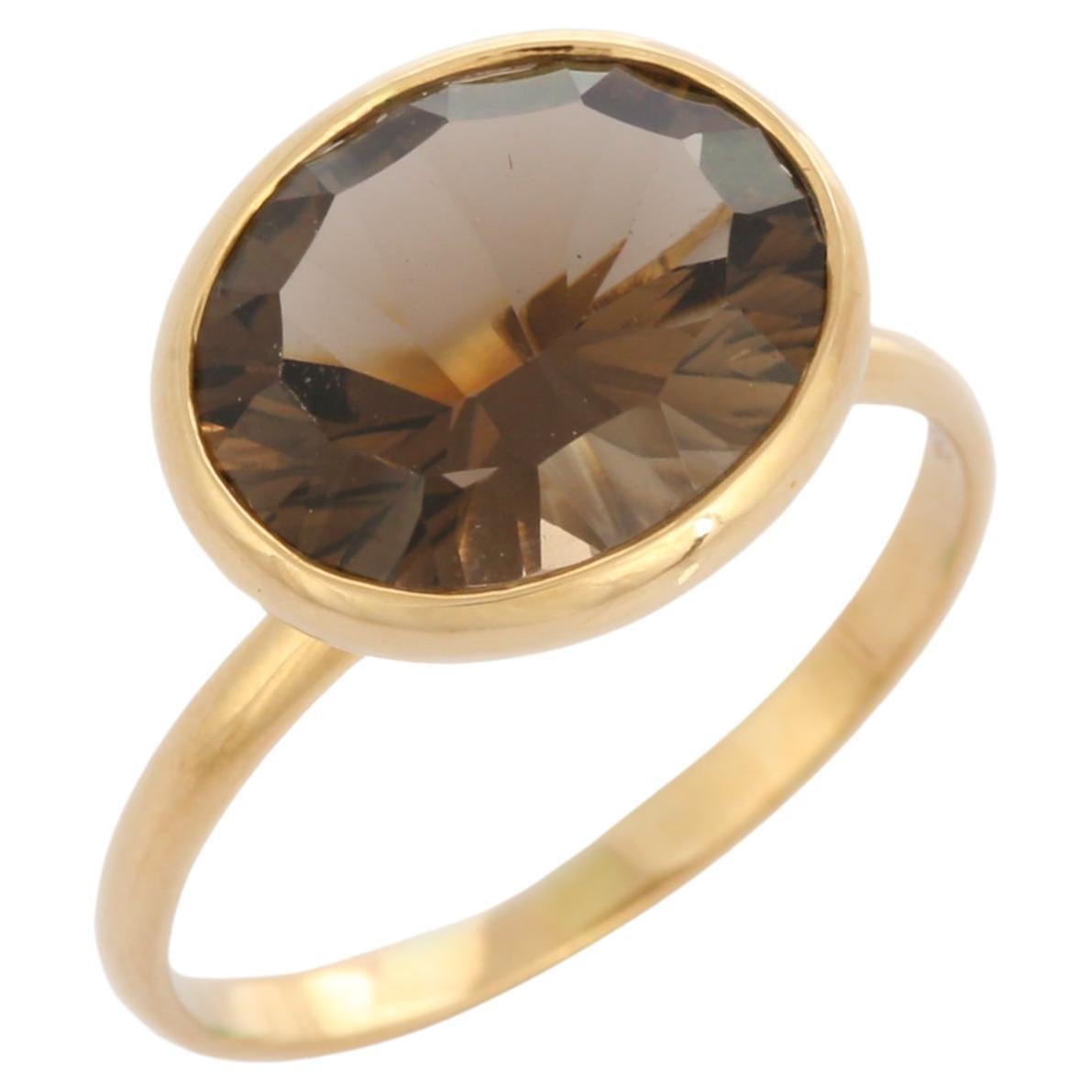 Horizontal Oval Cut Smokey Topaz 18K Yellow Gold Solitaire Ring  