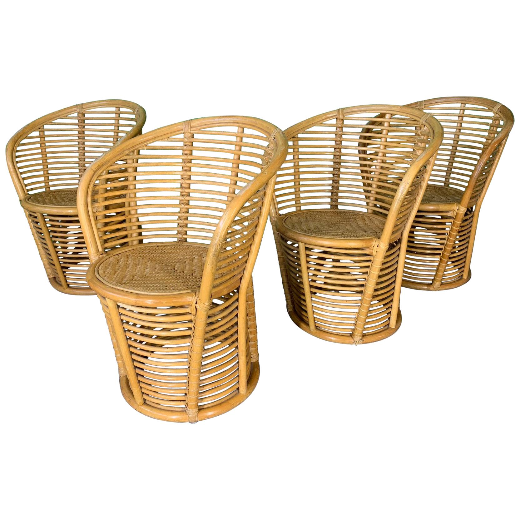 Horizontal Rattan Barrel Dining Chairs in the Manner of Franco Albini, Set of 4