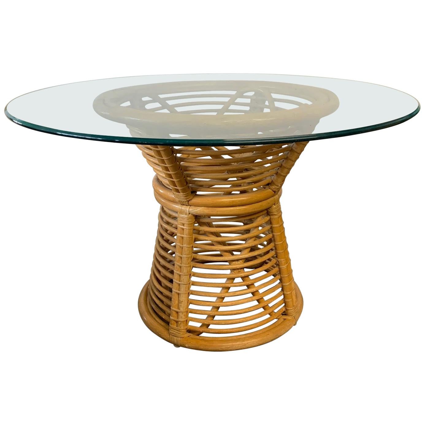Horizontal Rattan Pedestal Dining Table in the Manner of Franco Albini