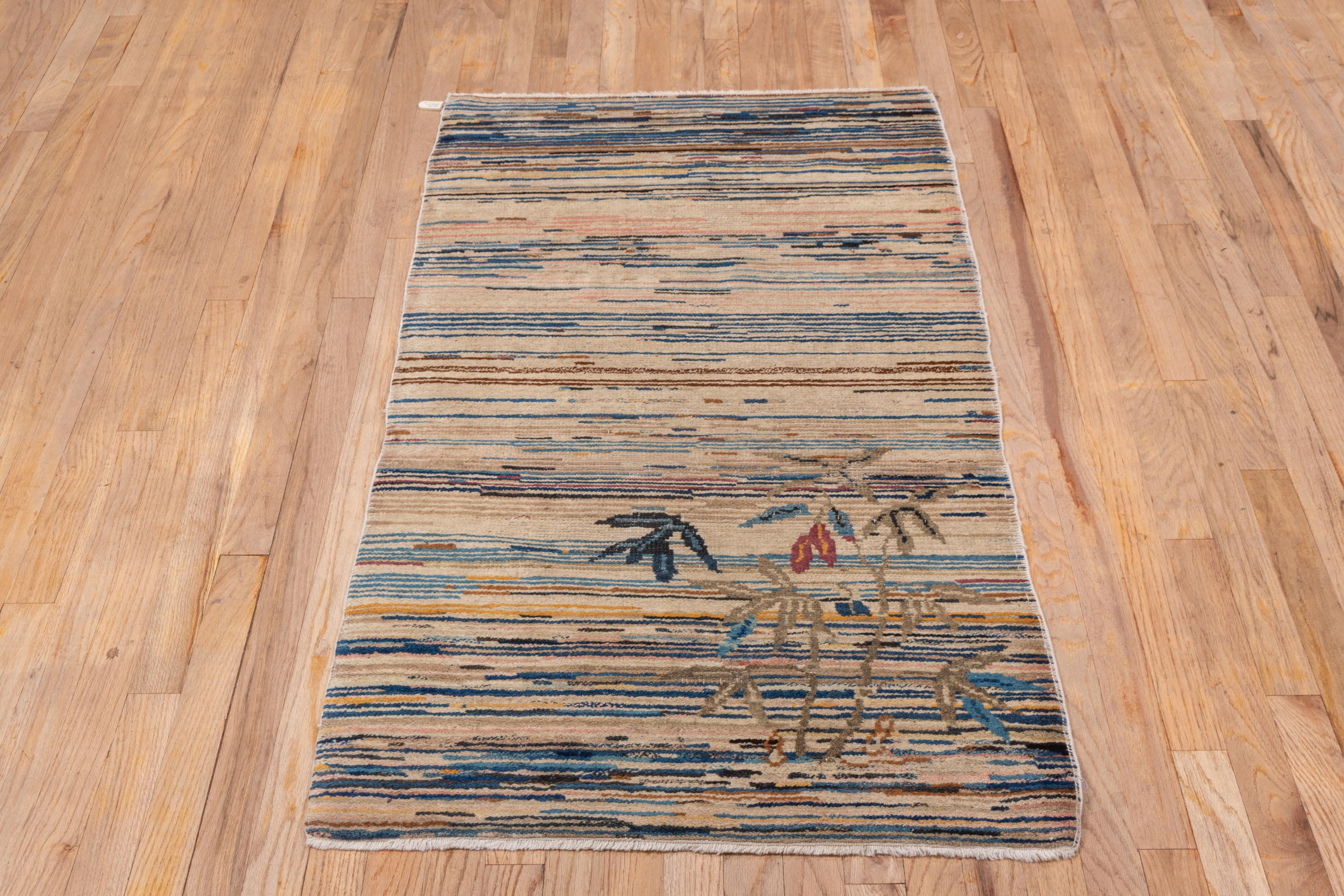 Horizontal Sunset Stripe with Floral Accent Antique Rug For Sale 2