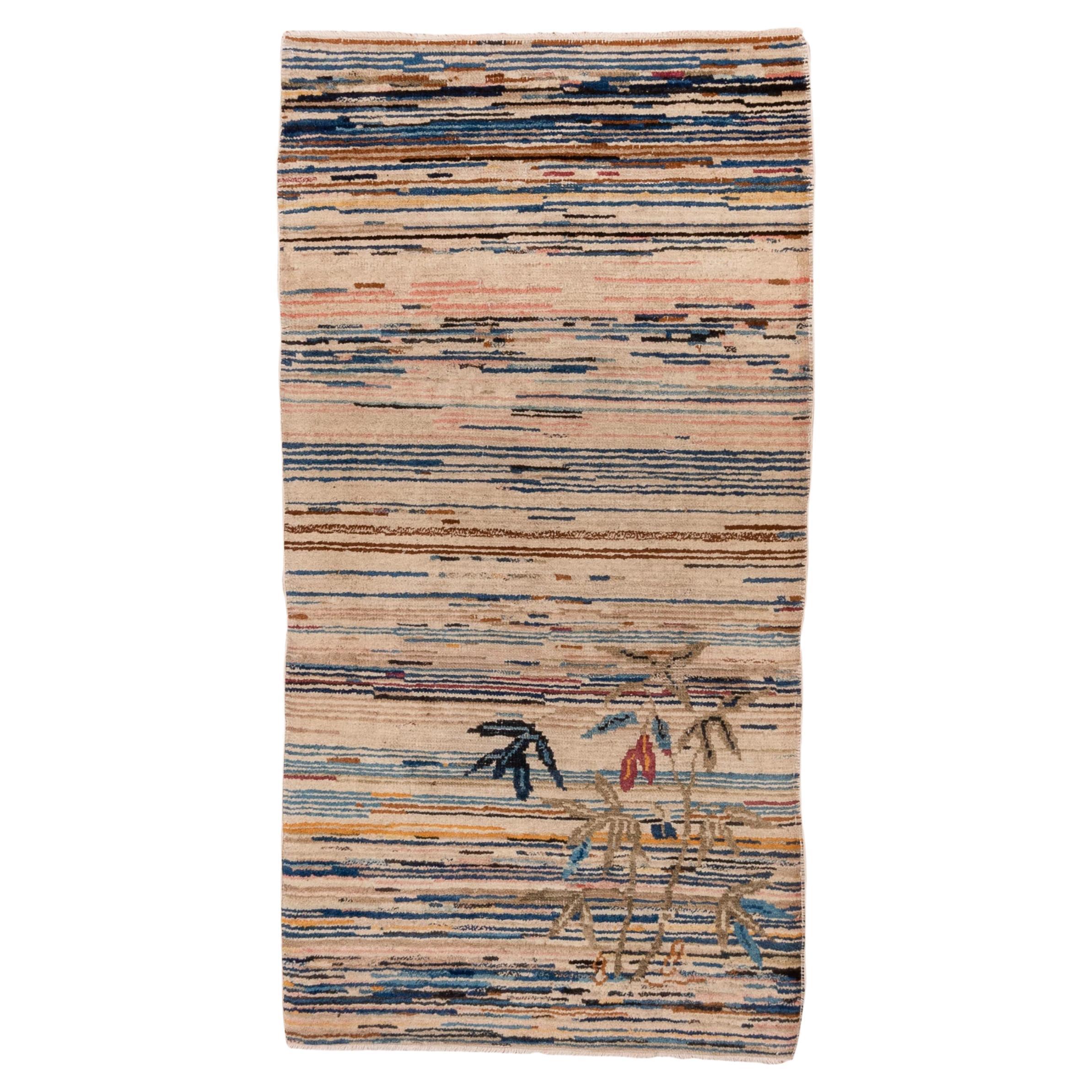 Horizontal Sunset Stripe with Floral Accent Antique Rug For Sale