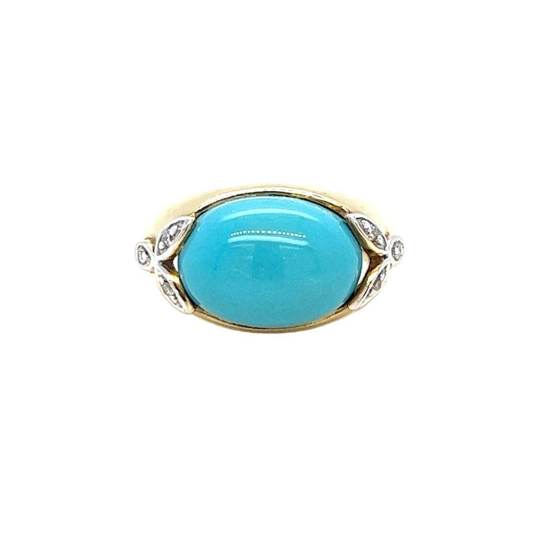 Anillo Cabachón Horizontal de Turquesa en Oro Amarillo con Detalles de Diamantes Cabujón en venta