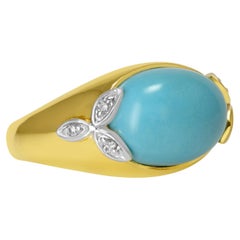 Horizontischer türkisfarbener Cabachon-Ring aus Gelbgold mit Diamant-Akzenten