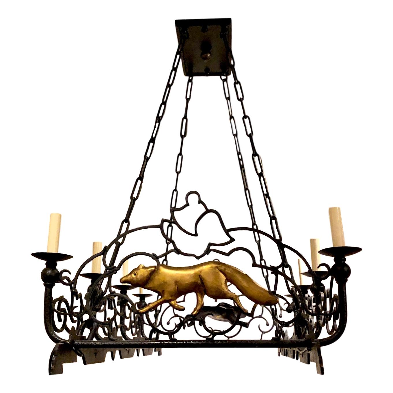 English Horizontal Wrought Iron Chandelier For Sale