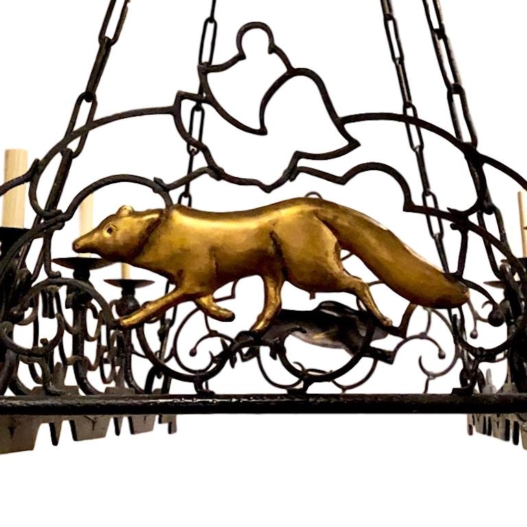 Mid-20th Century Horizontal Wrought Iron Chandelier For Sale