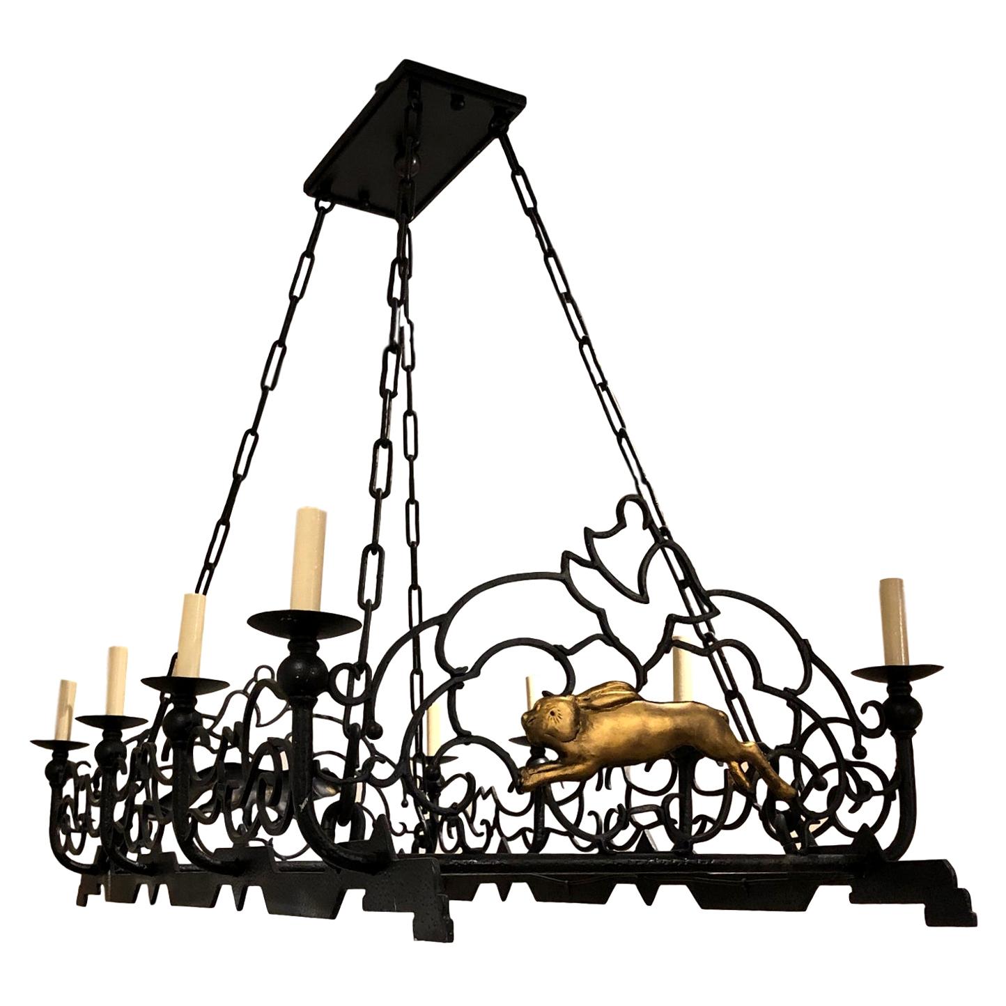 Horizontal Wrought Iron Chandelier For Sale