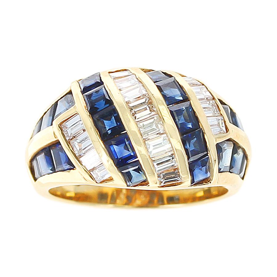 Horizontally and Vertically Invisibly Set Sapphire and Diamond Ring made in 18K Yellow Gold. 
Diamond Weight: 0.87 carats, Sapphire Weight: 3.65 carats. Ring Size US 6.25. Total Weight: 8.15 grams.