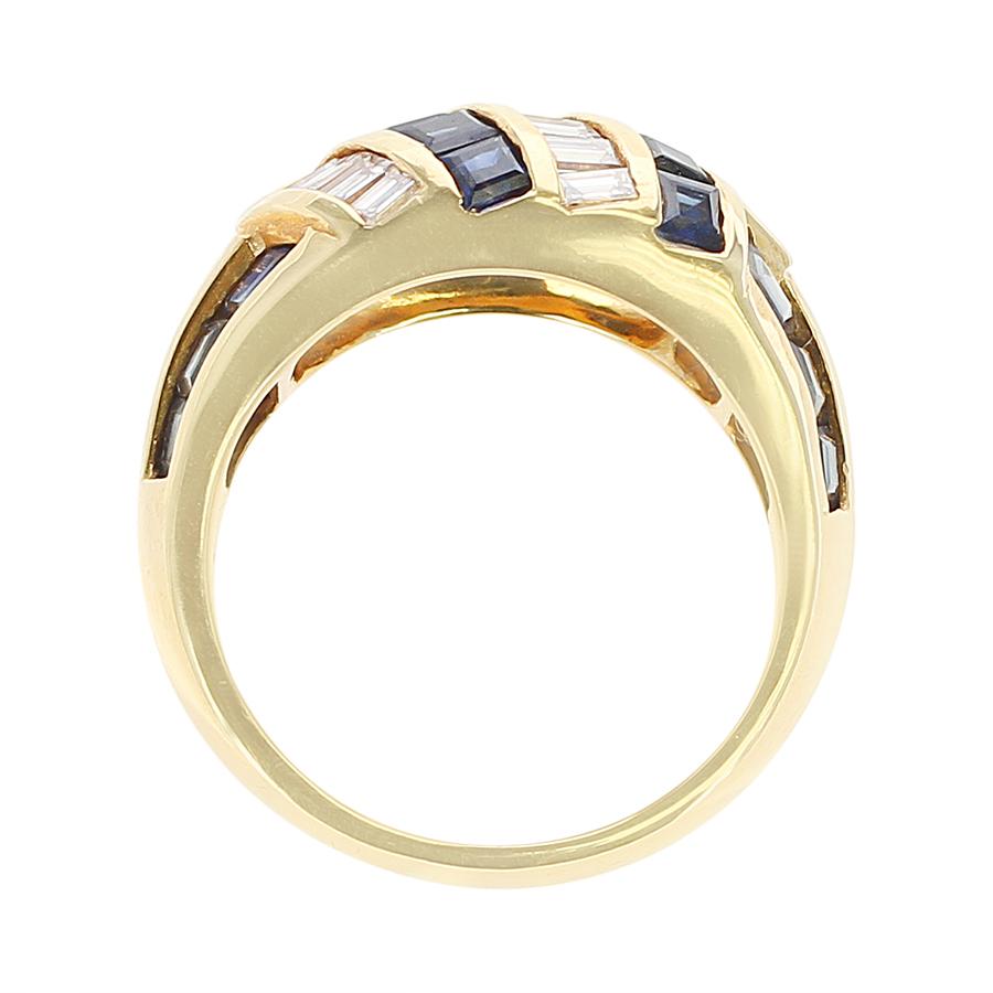 Square Cut Horizontally and Vertically Invisibly Set Sapphire and Diamond Ring, 18K Yellow For Sale