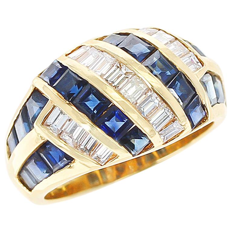 Horizontally and Vertically Invisibly Set Sapphire and Diamond Ring, 18K Yellow For Sale