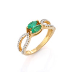 Anello con smeraldo, anello nuziale con diamante e smeraldo in oro giallo 18 carati