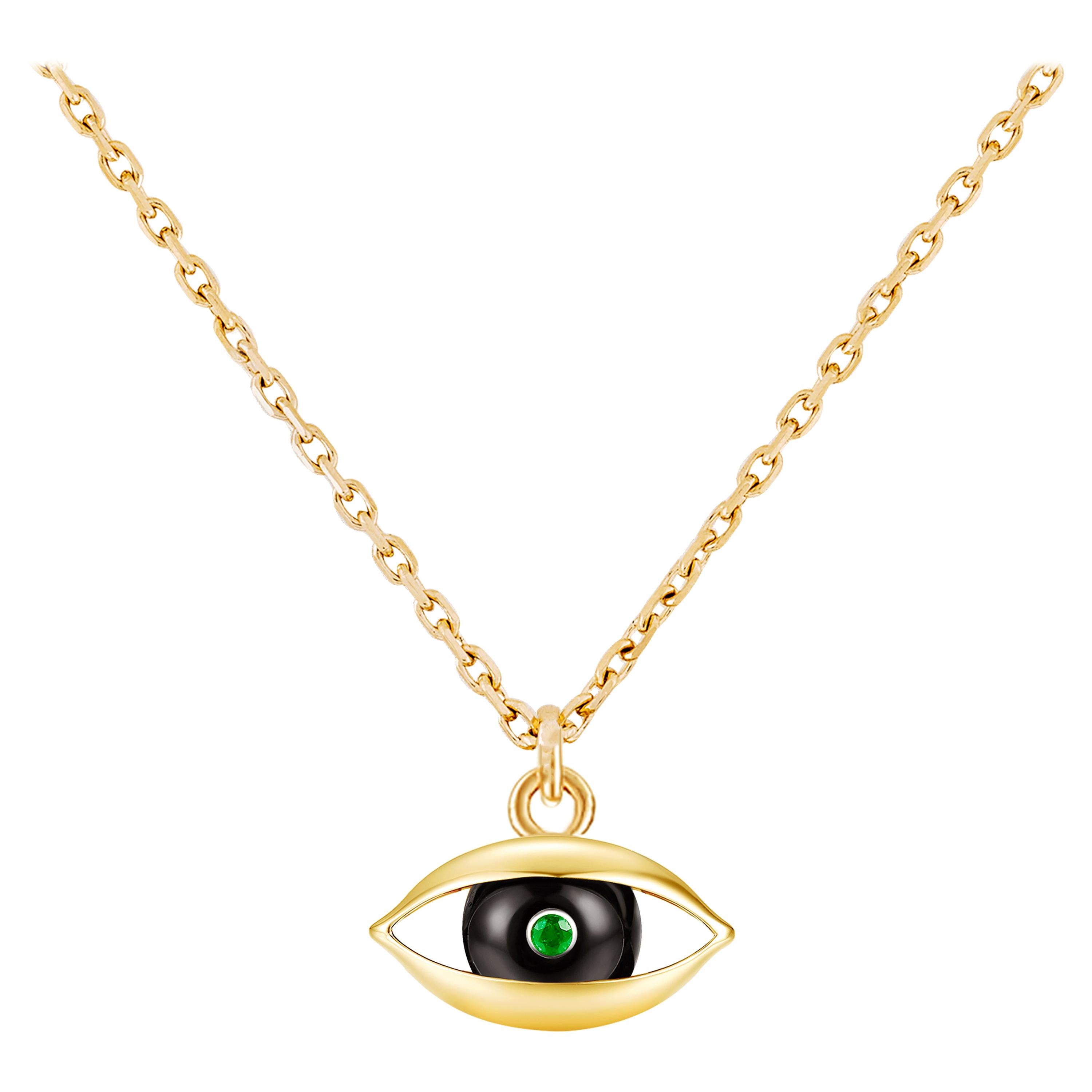 Unisex Eye Pendant Horizontal 18 Karat Yellow Gold Black Onyx Emerald Diamond For Sale