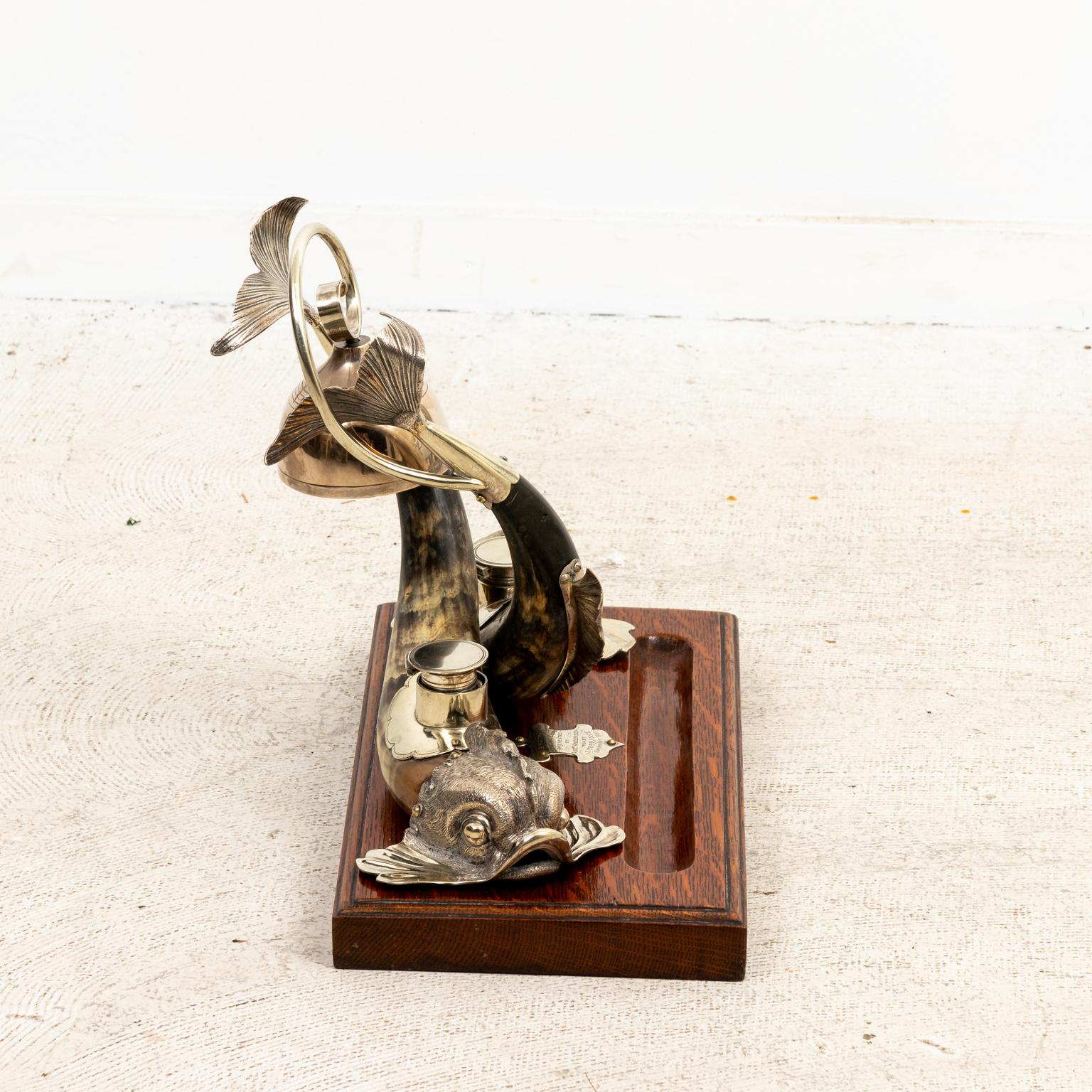 Silver Plate Horn and Dolphin Inkwell For Sale