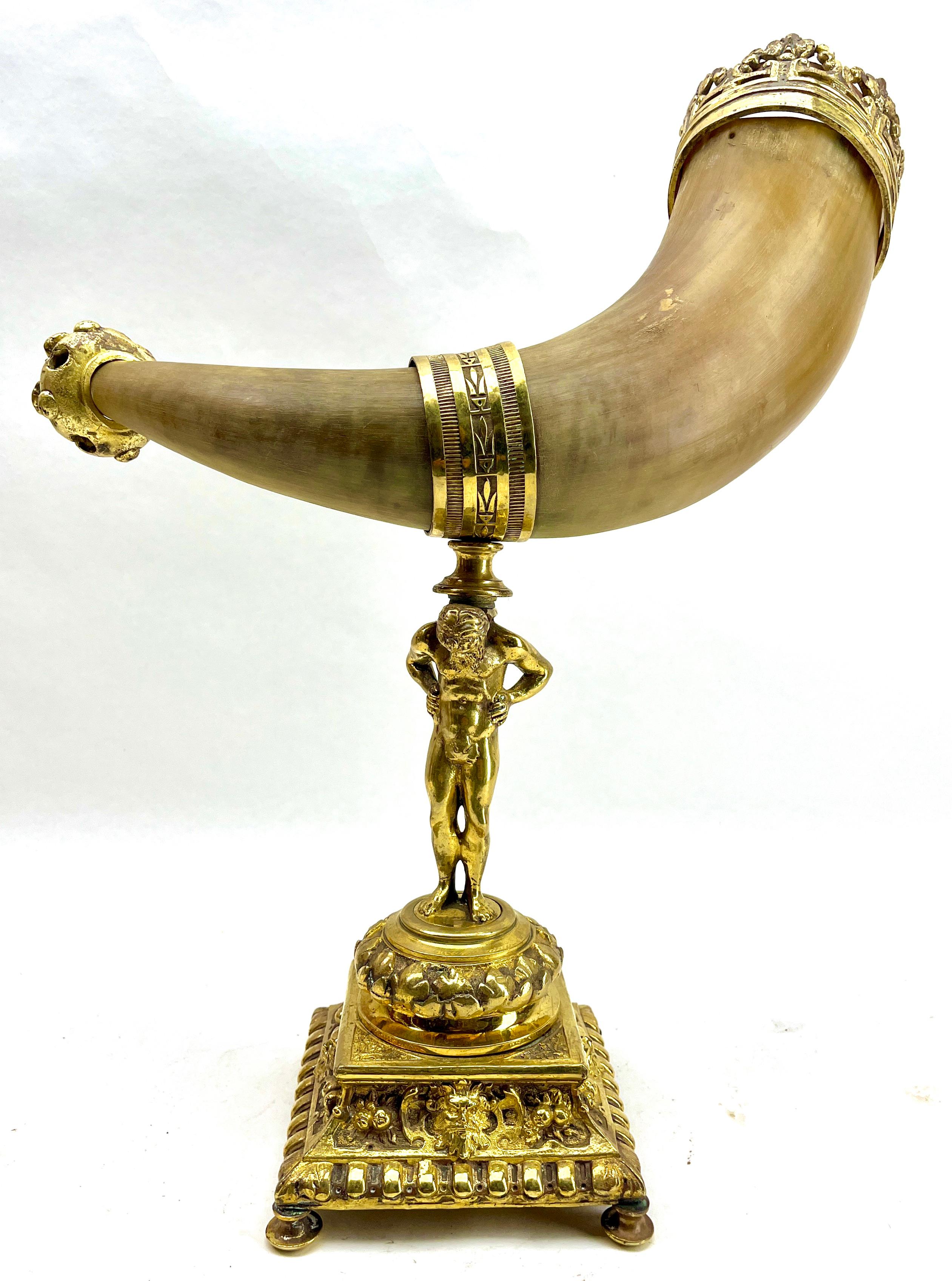 Horn and Gilt Bronze Ornaments on Cast Stand Mounted Cornucopia For Sale 3