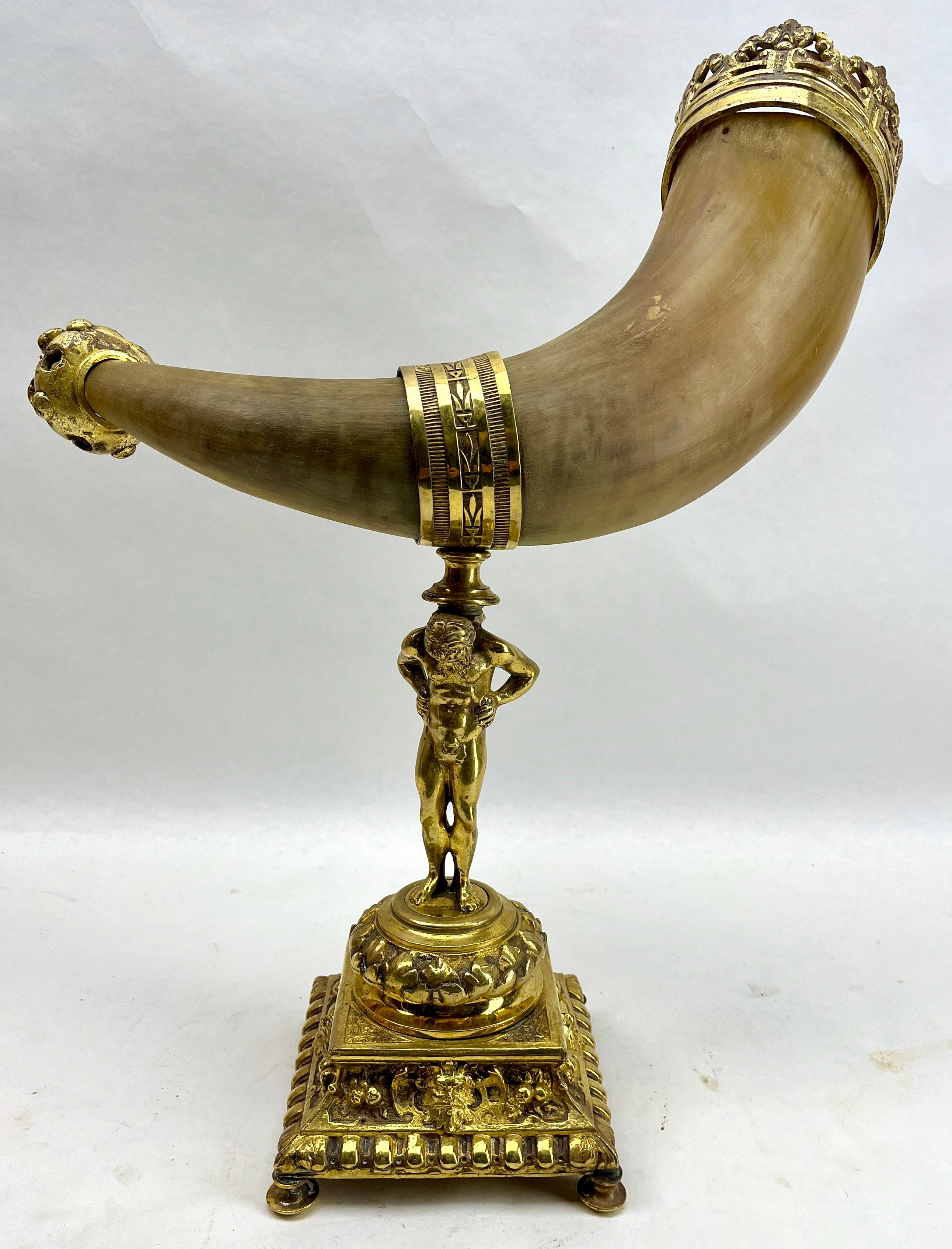 Horn and Gilt Bronze Ornaments on Cast Stand Mounted Cornucopia For Sale 5