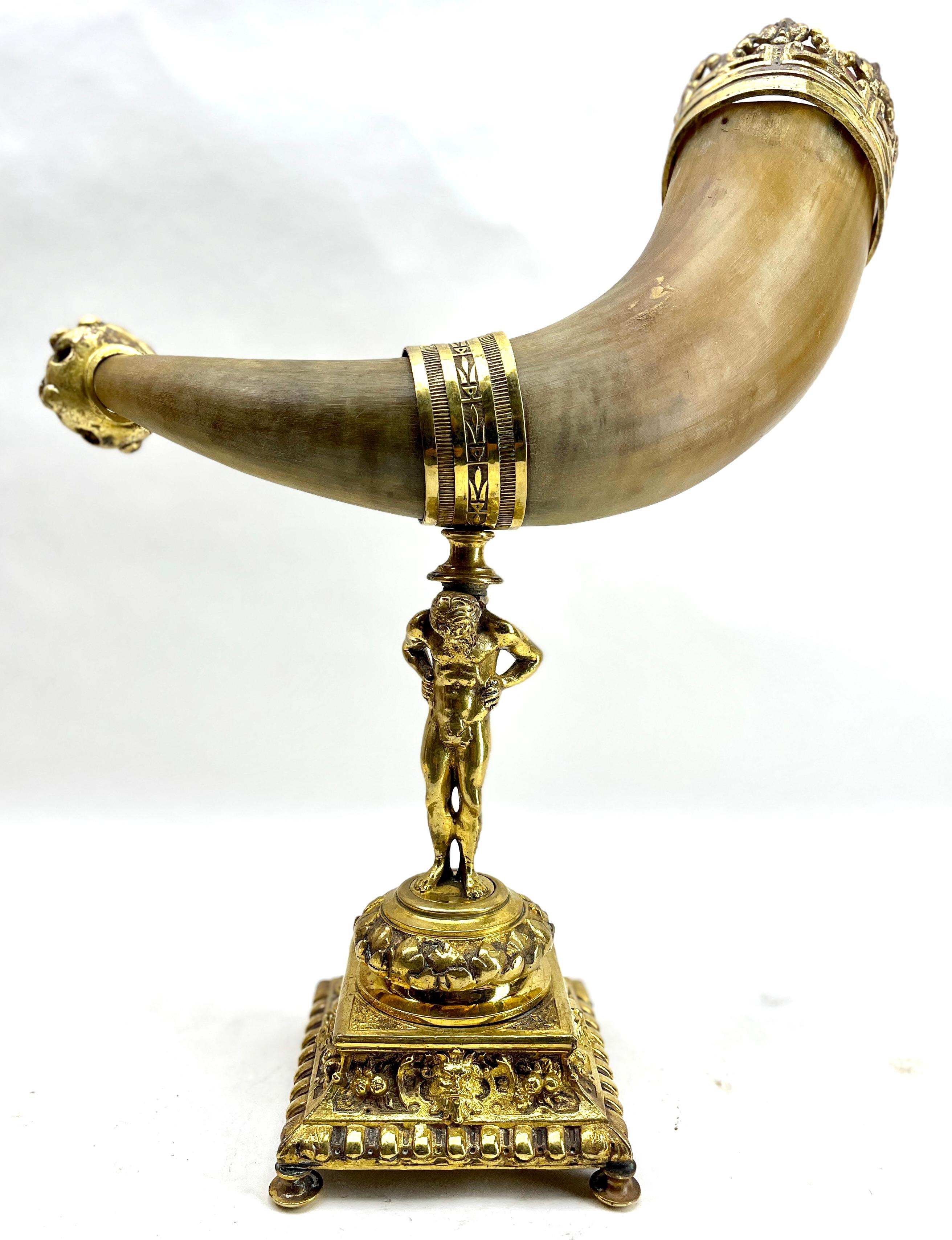 French Horn and Gilt Bronze Ornaments on Cast Stand Mounted Cornucopia For Sale