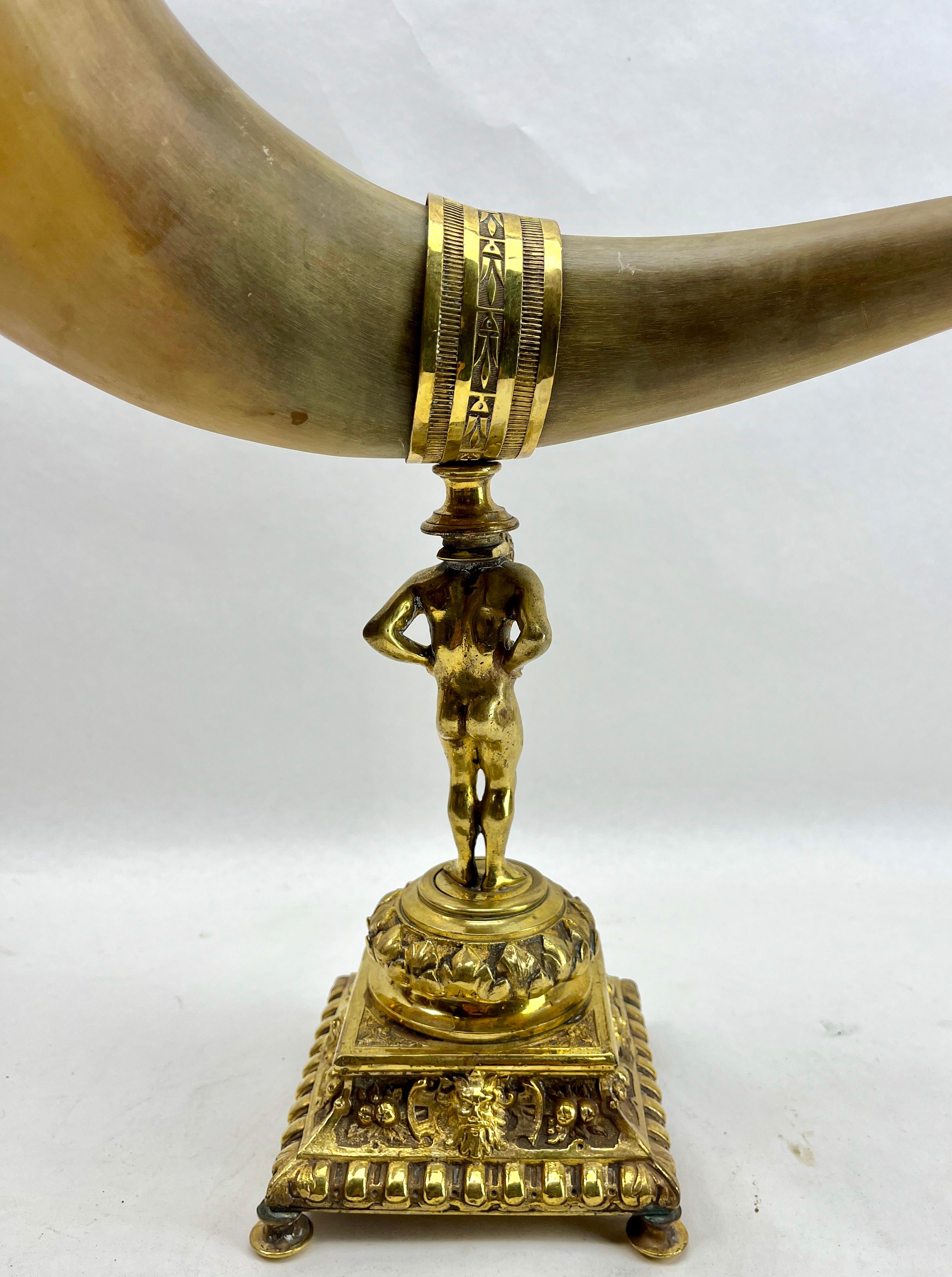 Horn and Gilt Bronze Ornaments on Cast Stand Mounted Cornucopia In Good Condition For Sale In Verviers, BE