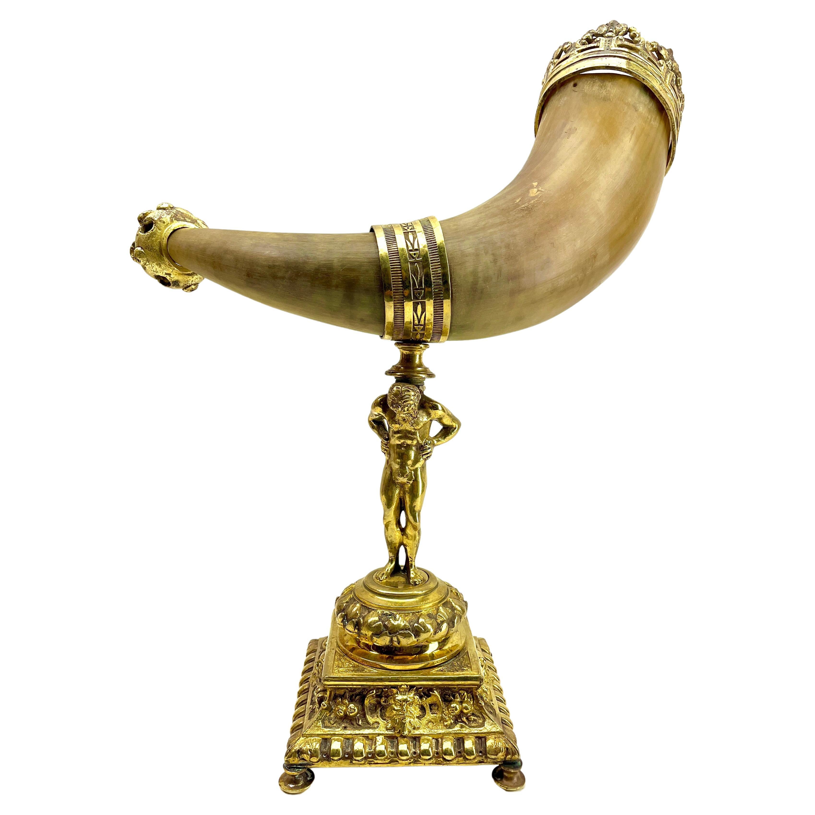 Horn and Gilt Bronze Ornaments on Cast Stand Mounted Cornucopia For Sale
