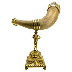 Antique Horn and Gilt Bronze Ornaments on Cast Stand Mounted Cornucopia