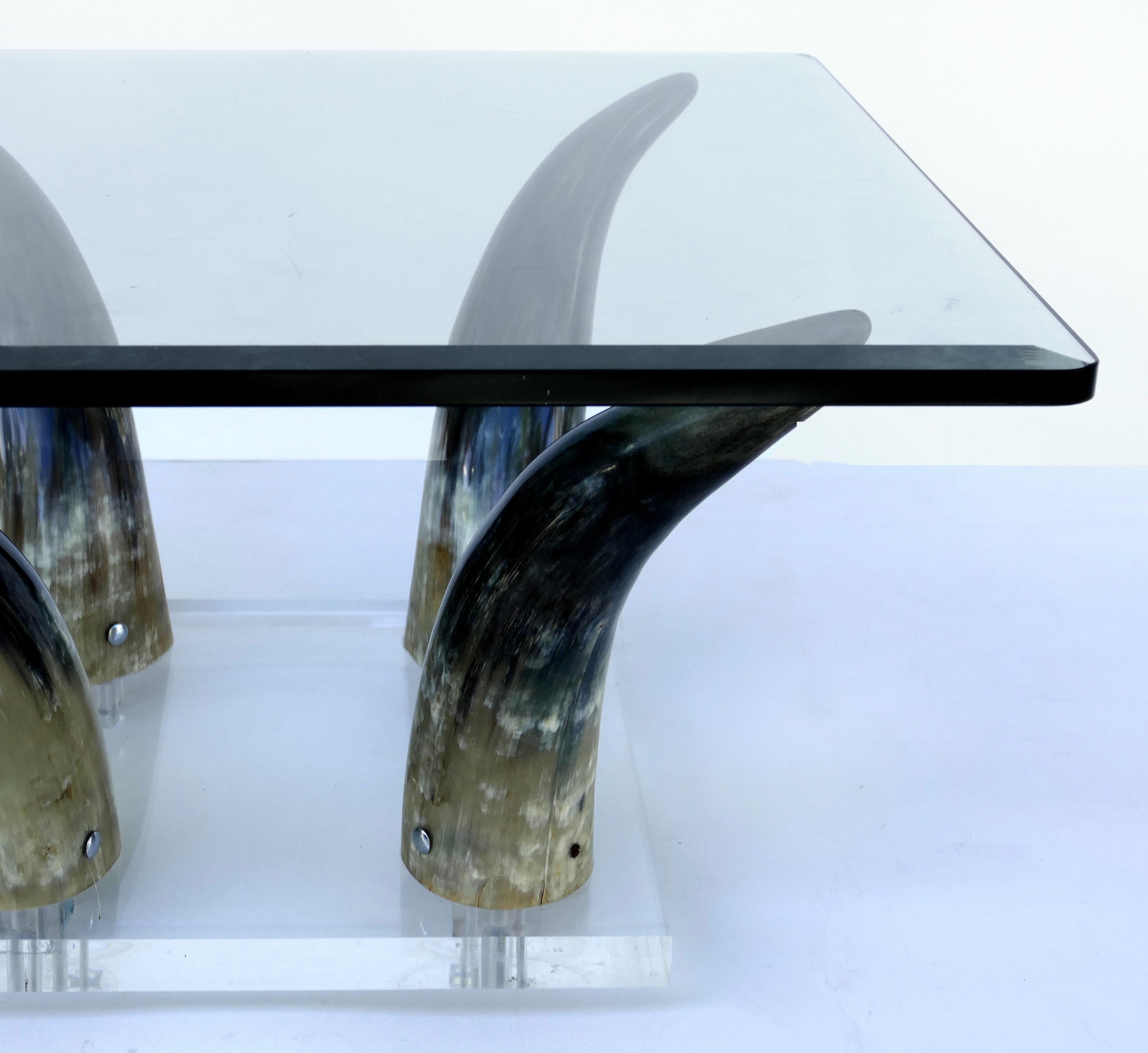 American Horn and Lucite Coffee Table or Low Side Table with Glass Top