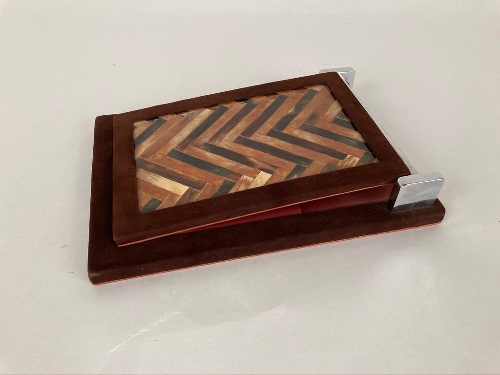 American Horn and Suede Notepad Holder with Chrome Mounts by Muriel Rudolph, 1980s