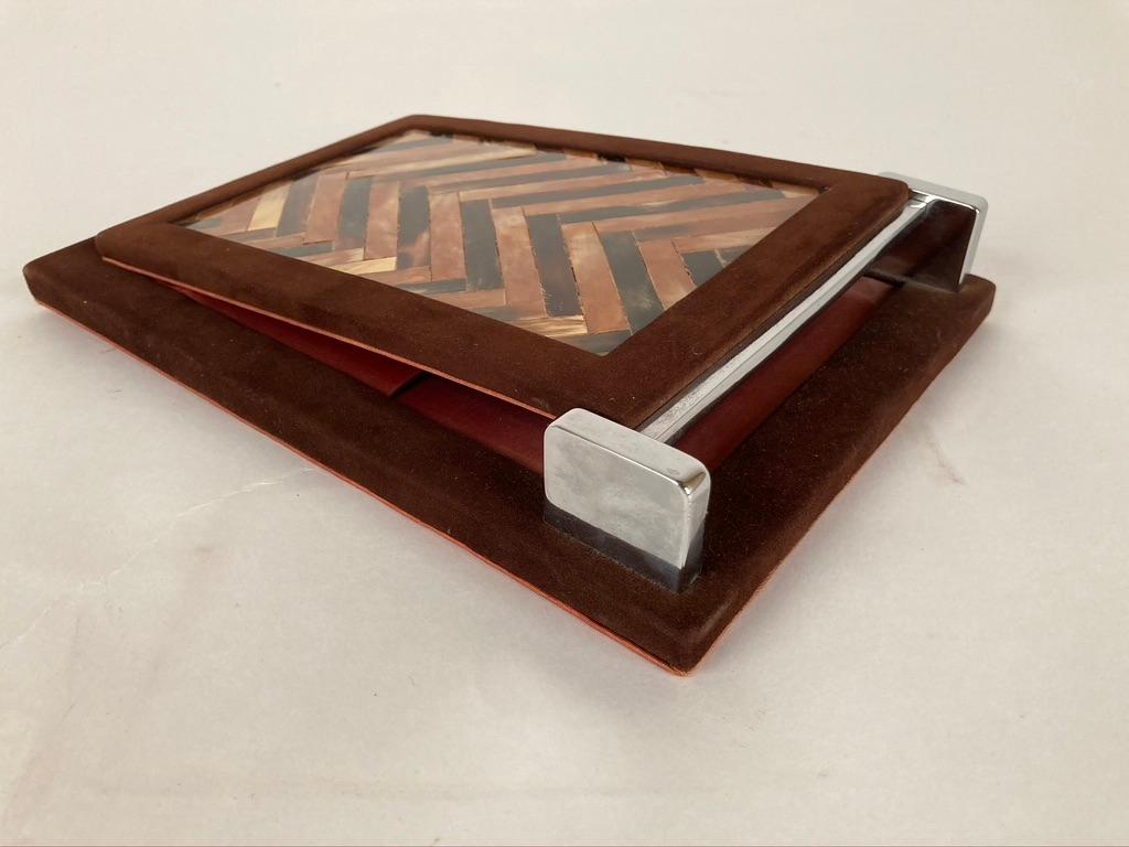 Horn and Suede Notepad Holder with Chrome Mounts by Muriel Rudolph, 1980s In Good Condition In Stamford, CT