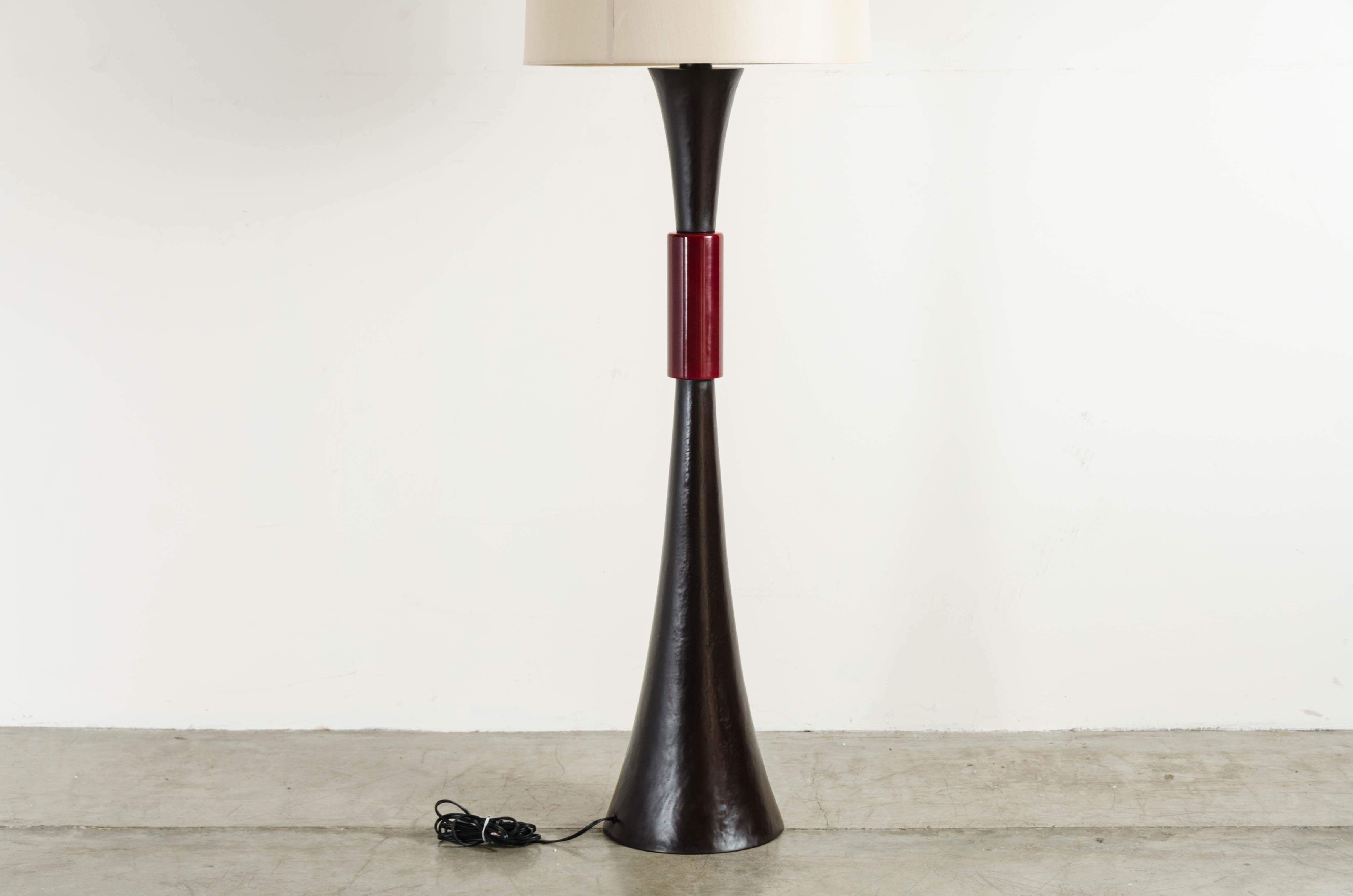 Hand-Carved Horn Copper Floor Lamp with Raspberry Peking Glass Center by Robert Kuo Handmade