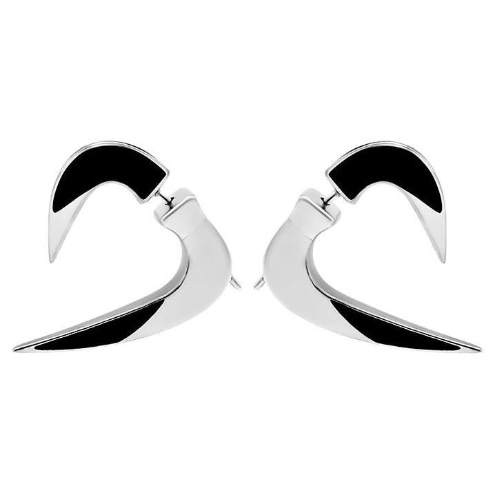Horn Earrings In Silver And Black Enamel