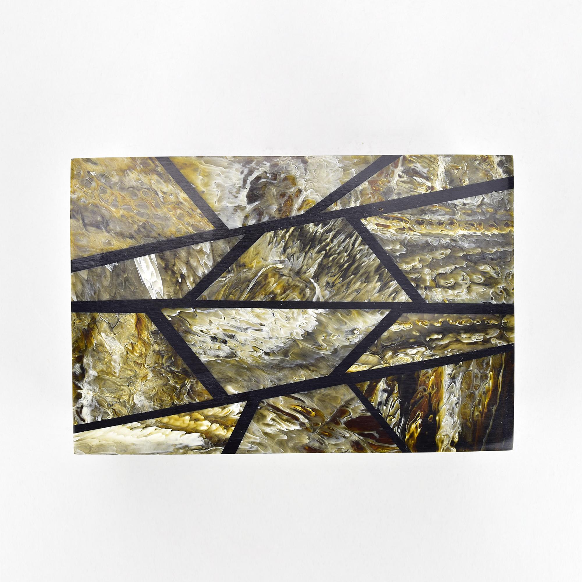 Esta elegante caja decorativa presenta un llamativo diseño de mosaico geométrico elaborado con cuerno natural, creando una sofisticada mezcla de Art Decó y Modernismo. La caja presenta un patrón sin fisuras de incrustaciones angulares en distintos