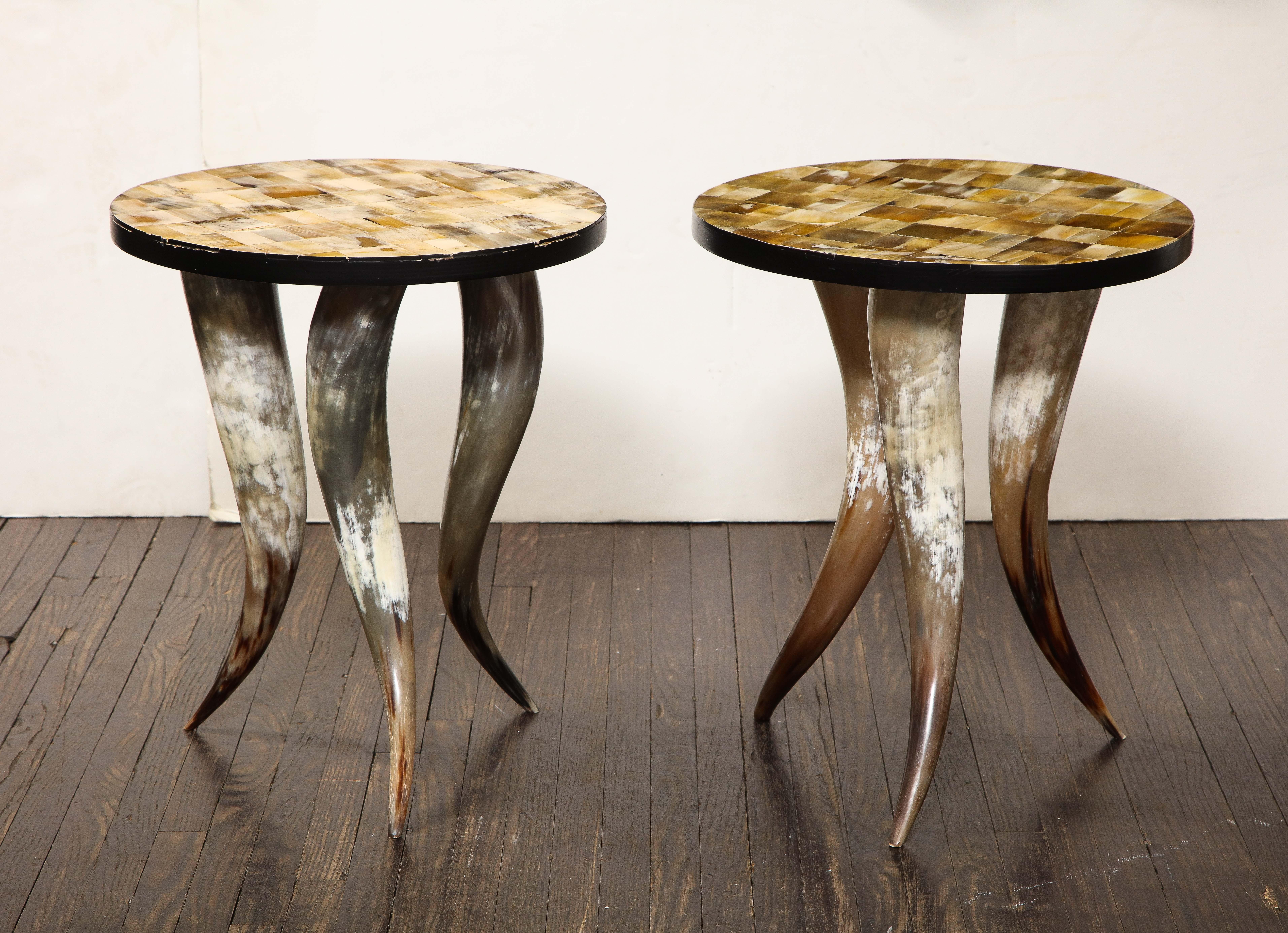 Chic pair of  tessellated horn top occasional tables with horn legs. American 21st Century. Available separately.