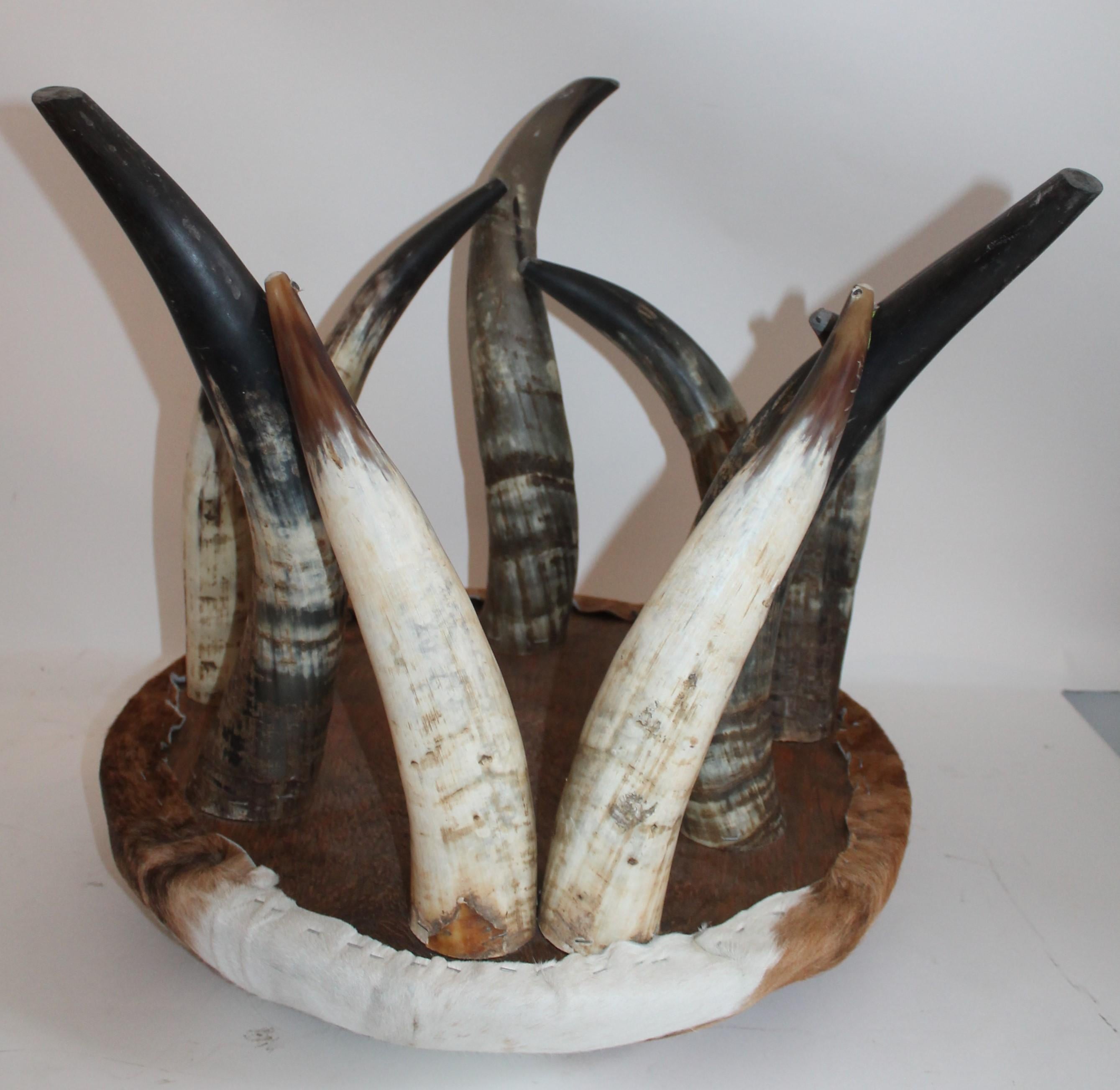 Hand-Crafted Horn Ottoman with Deer Skin Hide