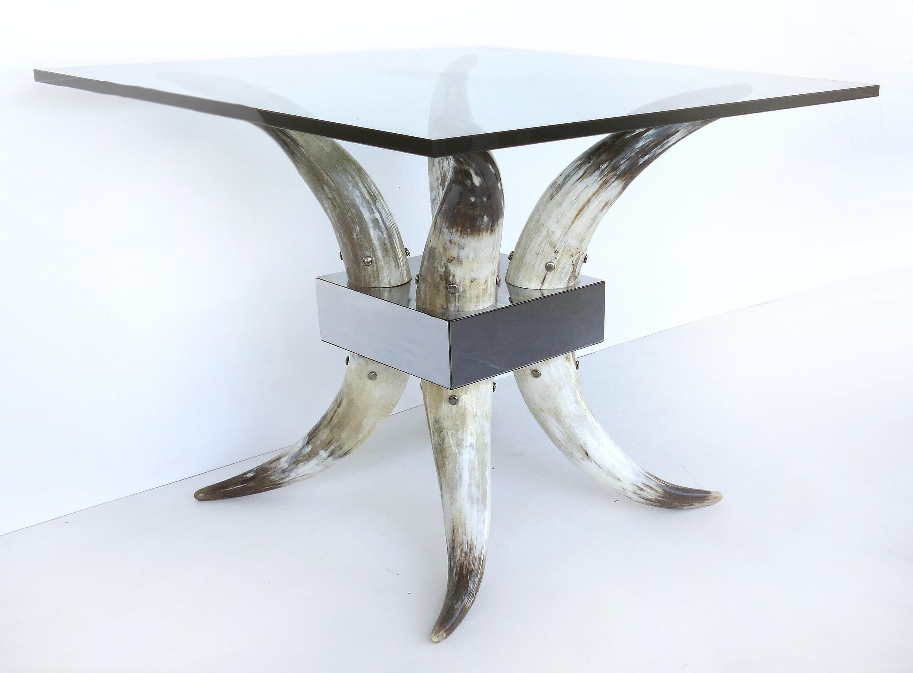 North American Horn, Stainless Steel and Glass Center Table