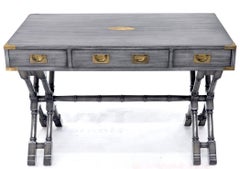 Horn Tone Neutral Finish X Base Campaign Desk with Brass Hardware