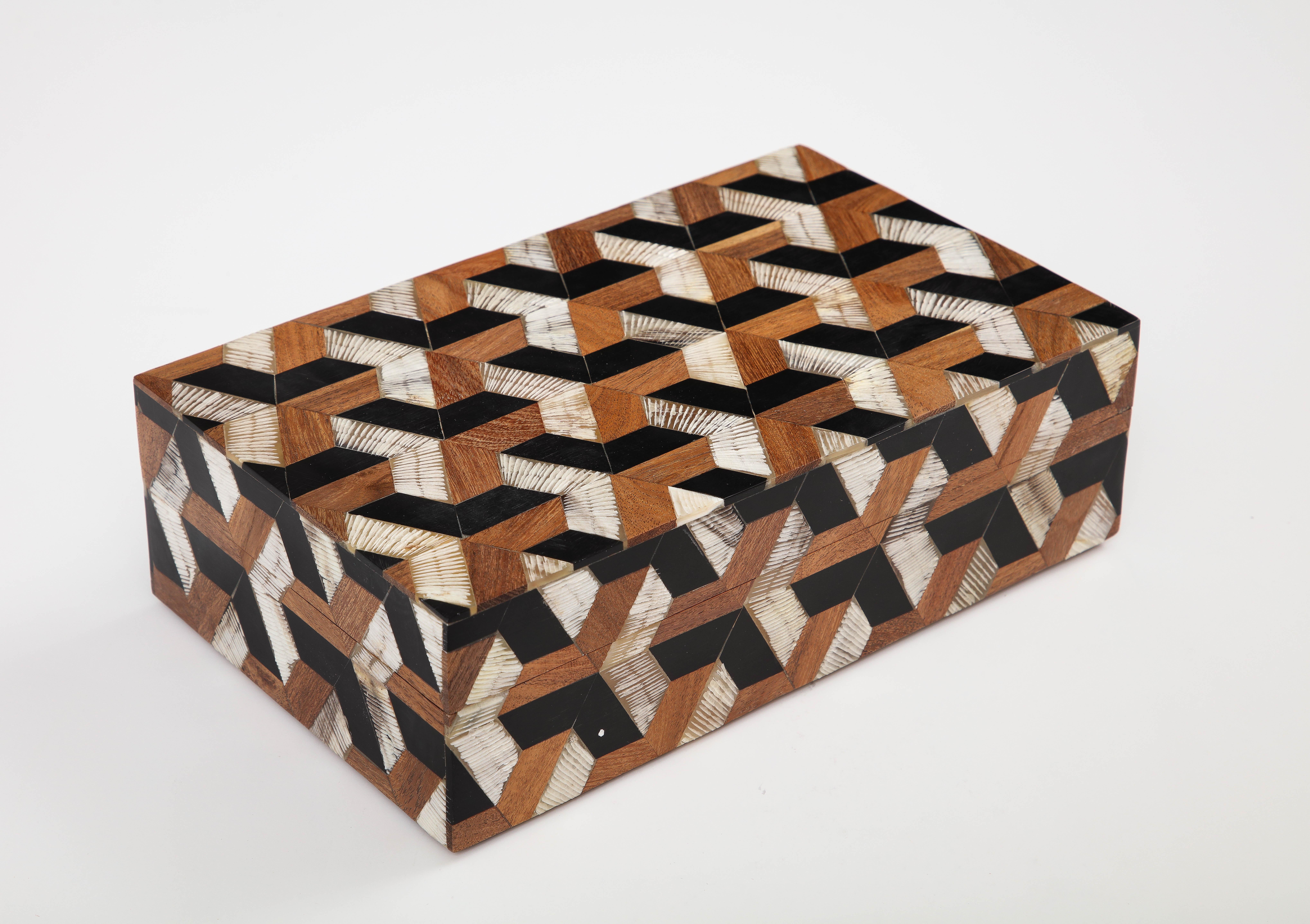Decorative keepsake, document box featuring hand inlaid bone, wood and horn veneers in a Goyard inspired pattern. A great storage solution for your desk, coffee table or dresser top.