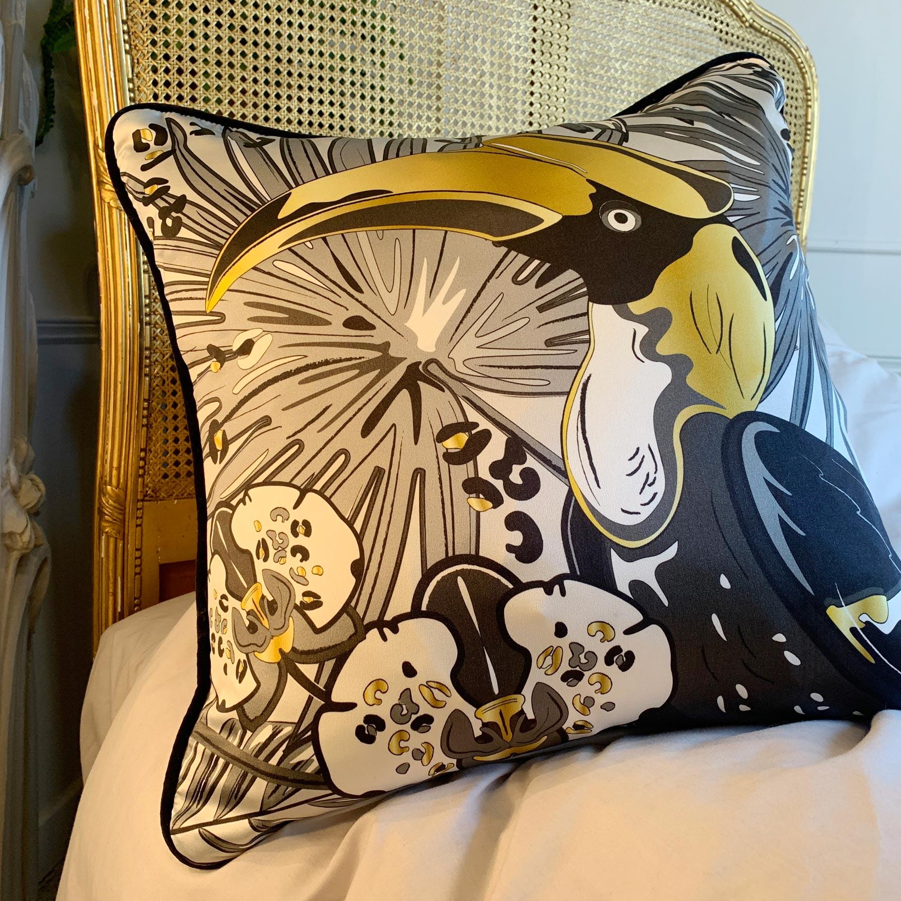 Hornbill Luxury Silk Pillow, Monochrome and Gold The Tropics Collection  For Sale 6